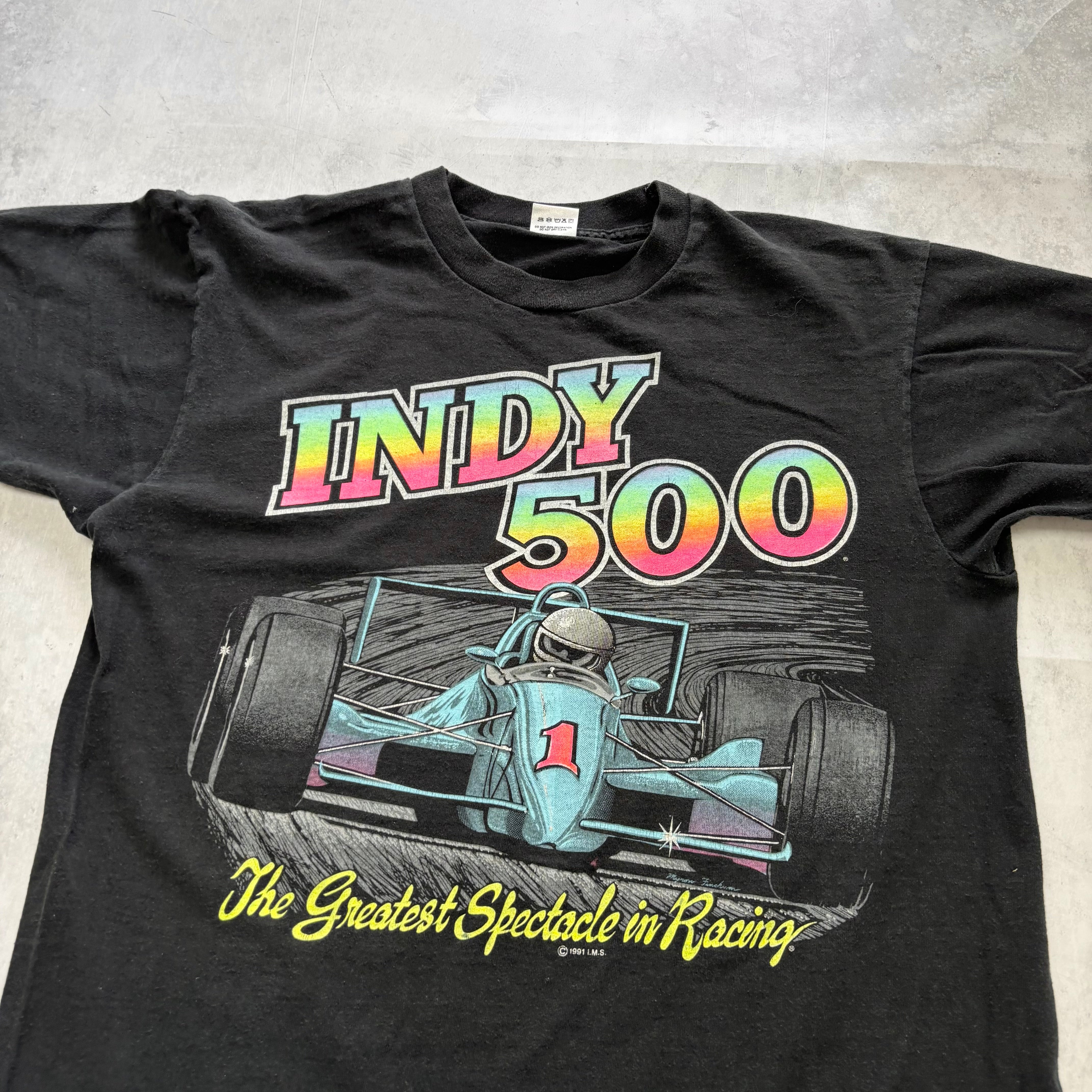 Vintage T Shirt Mens Large Black Single Stitch Graphic Print 90s Racing