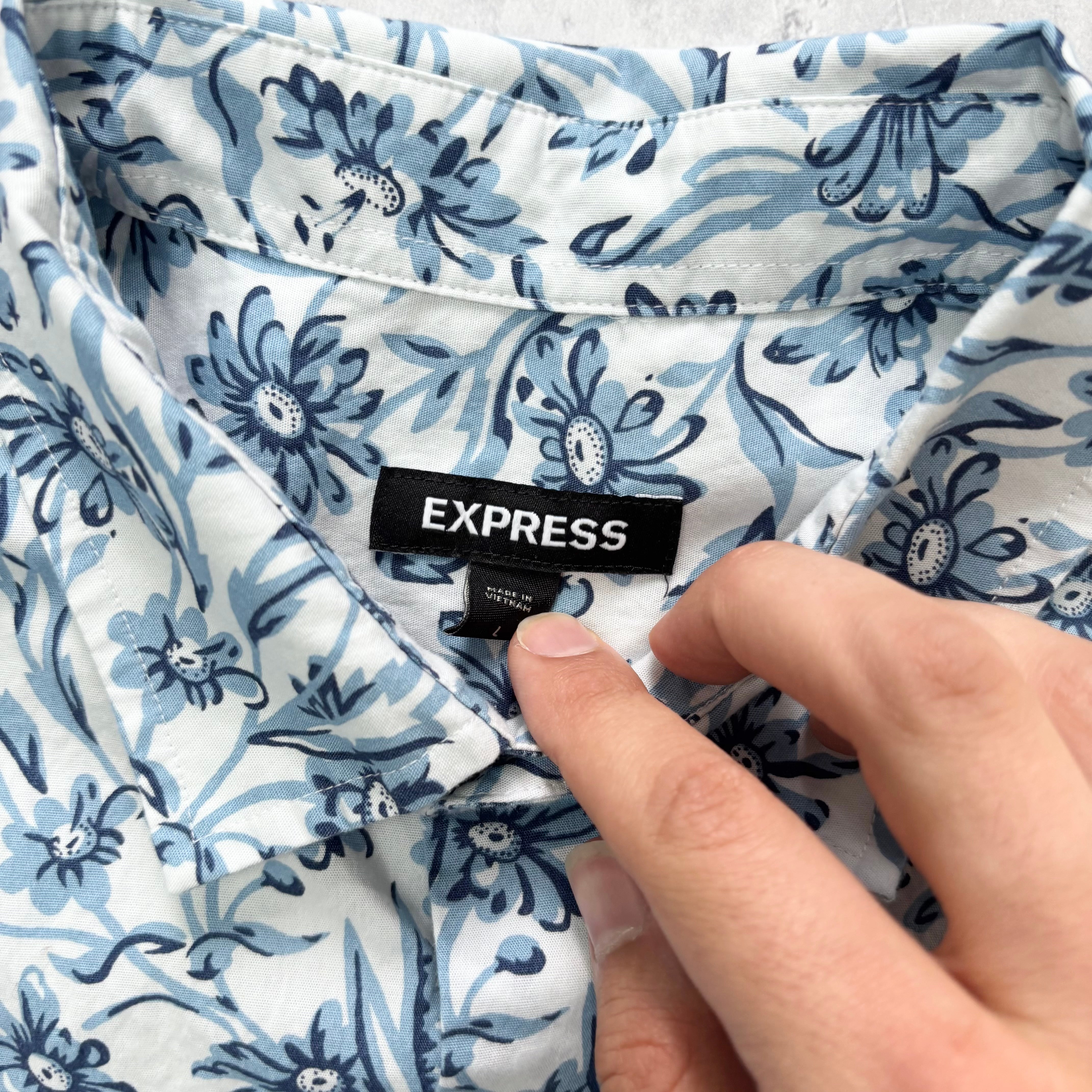 Hawaiian Shirt Mens Large Blue Floral Aloha Short Sleeve Cotton Regular Fit (E)