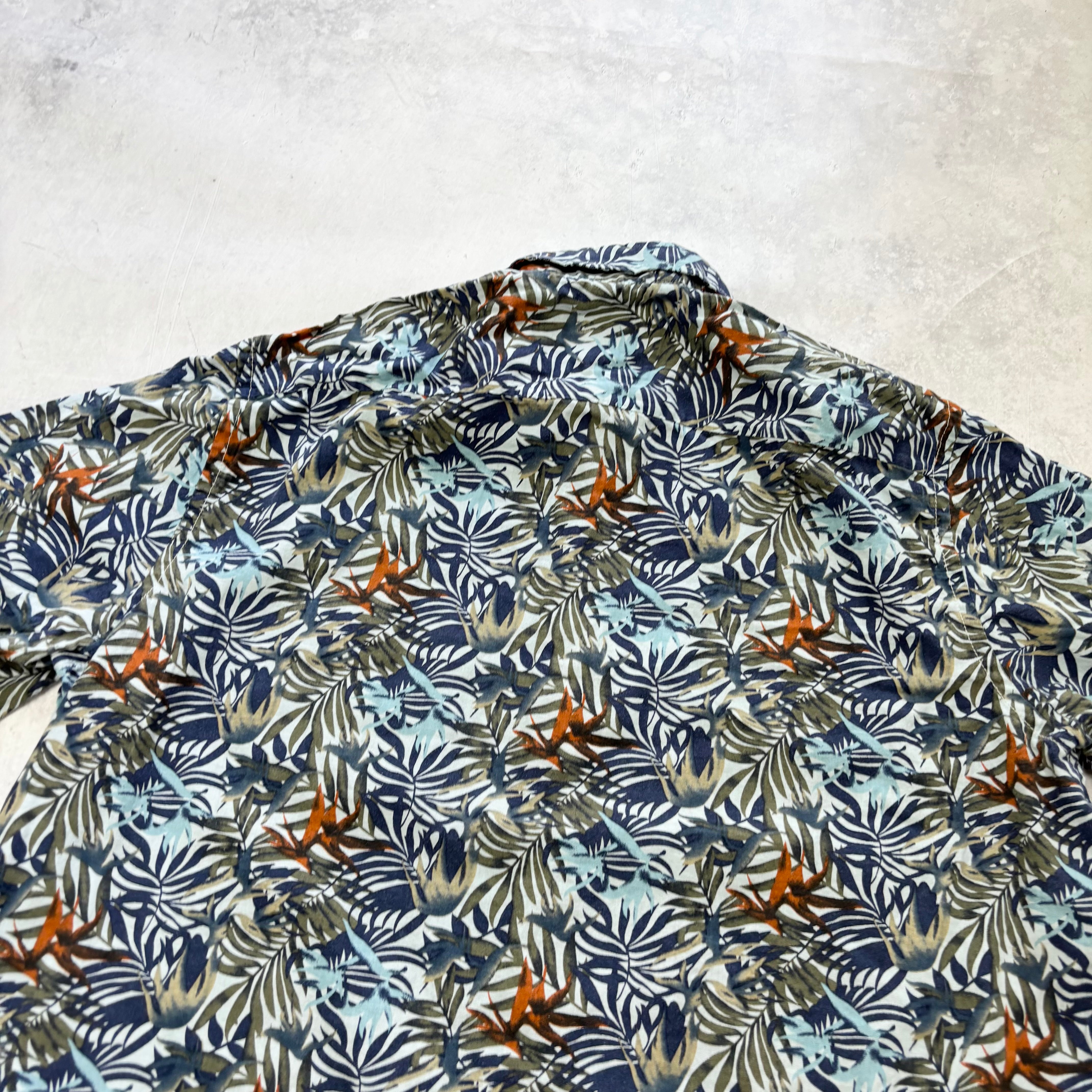 Hawaiian Shirt Mens XL Blue Floral Aloha Short Sleeve Linen (E)