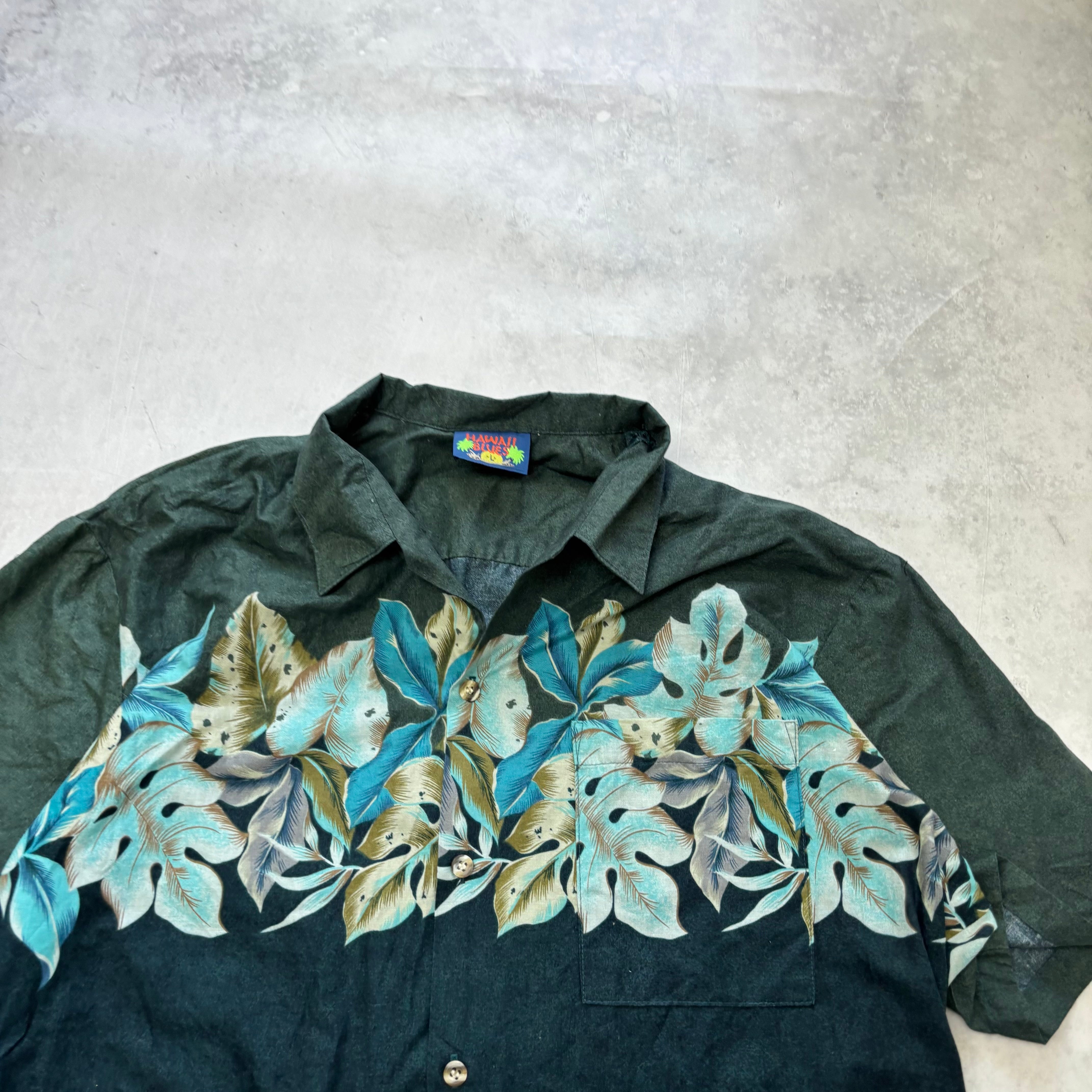 Vintage Hawaiian Shirt Mens Large Green Cotton Floral Aloha Short Sleeve (E)