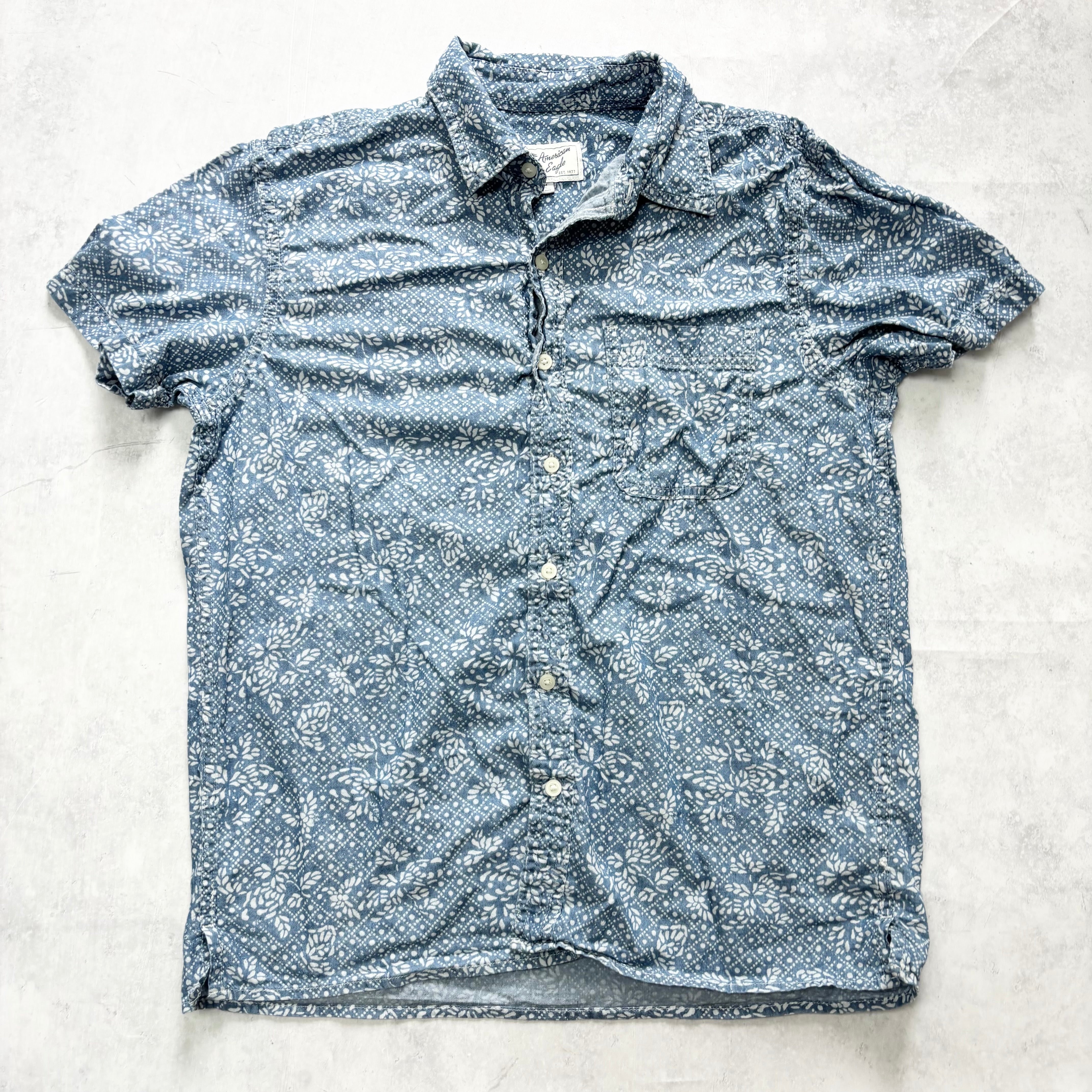 American Eagle Hawaiian Shirt Mens Medium Blue Aloha Short Sleeve Cotton (E)