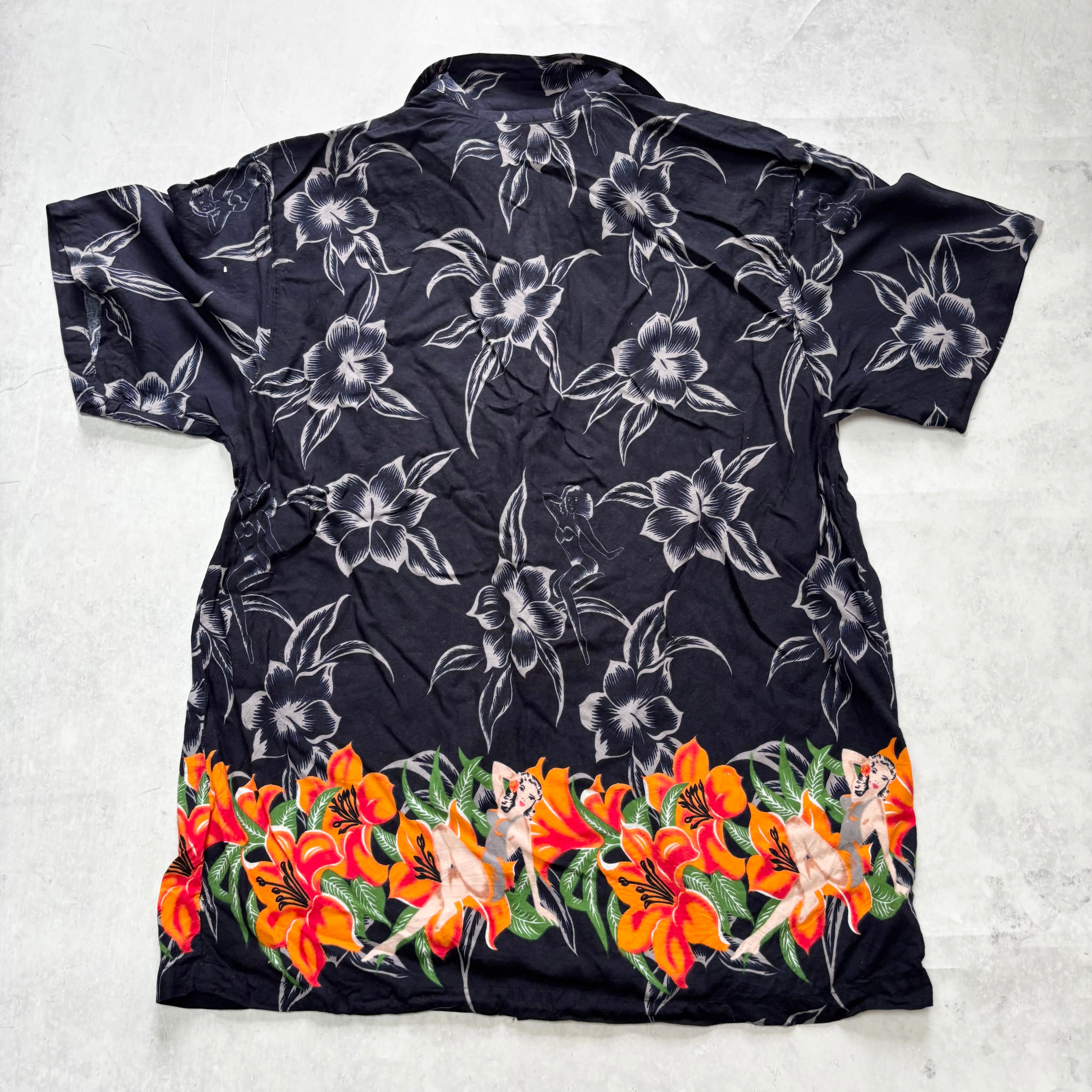 Vintage Hawaiian Shirt Mens Medium Navy Floral Aloha Short Sleeve Rayon