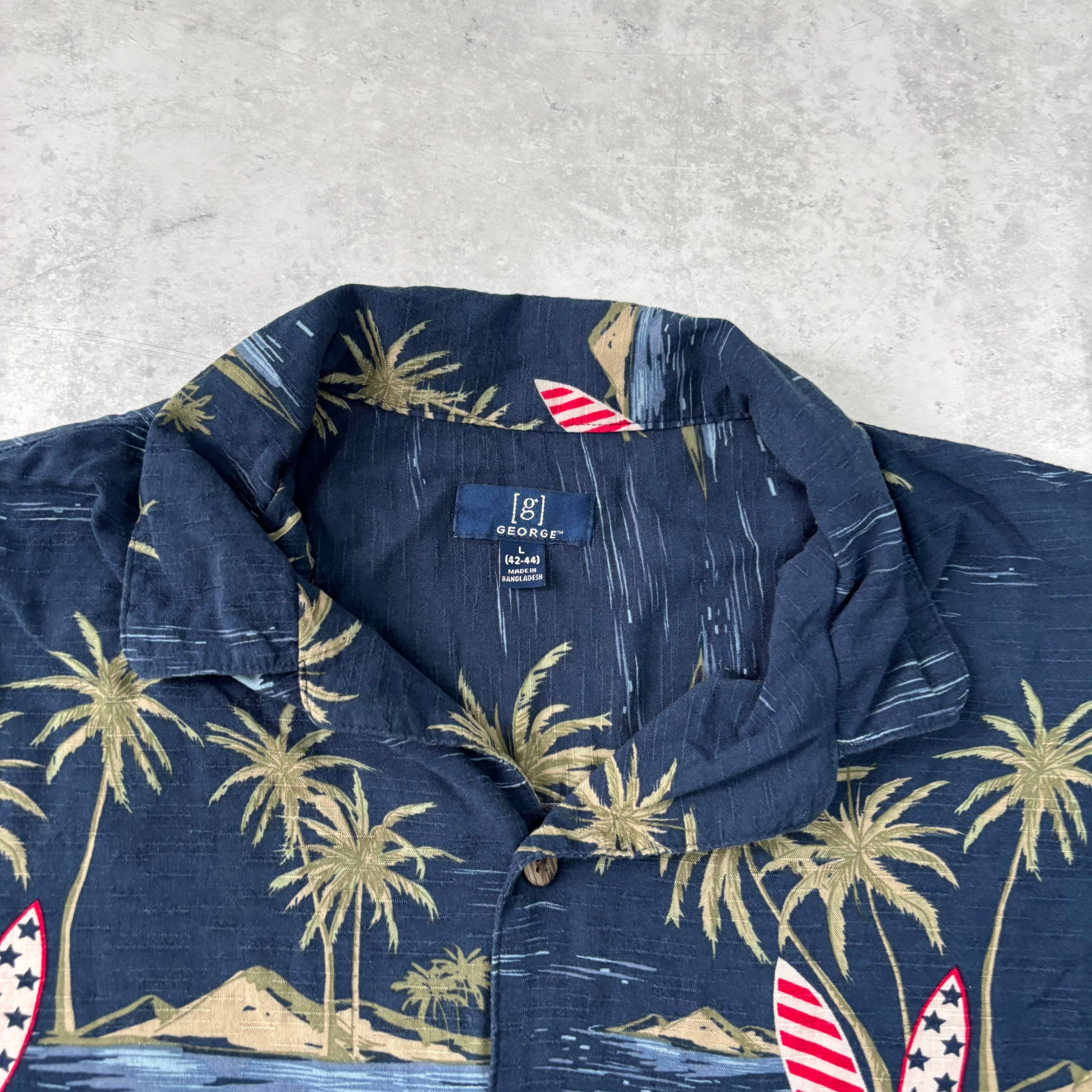 Hawaiian Shirt Mens Large Navy Blue Floral Aloha Short Sleeve Rayon George (E)