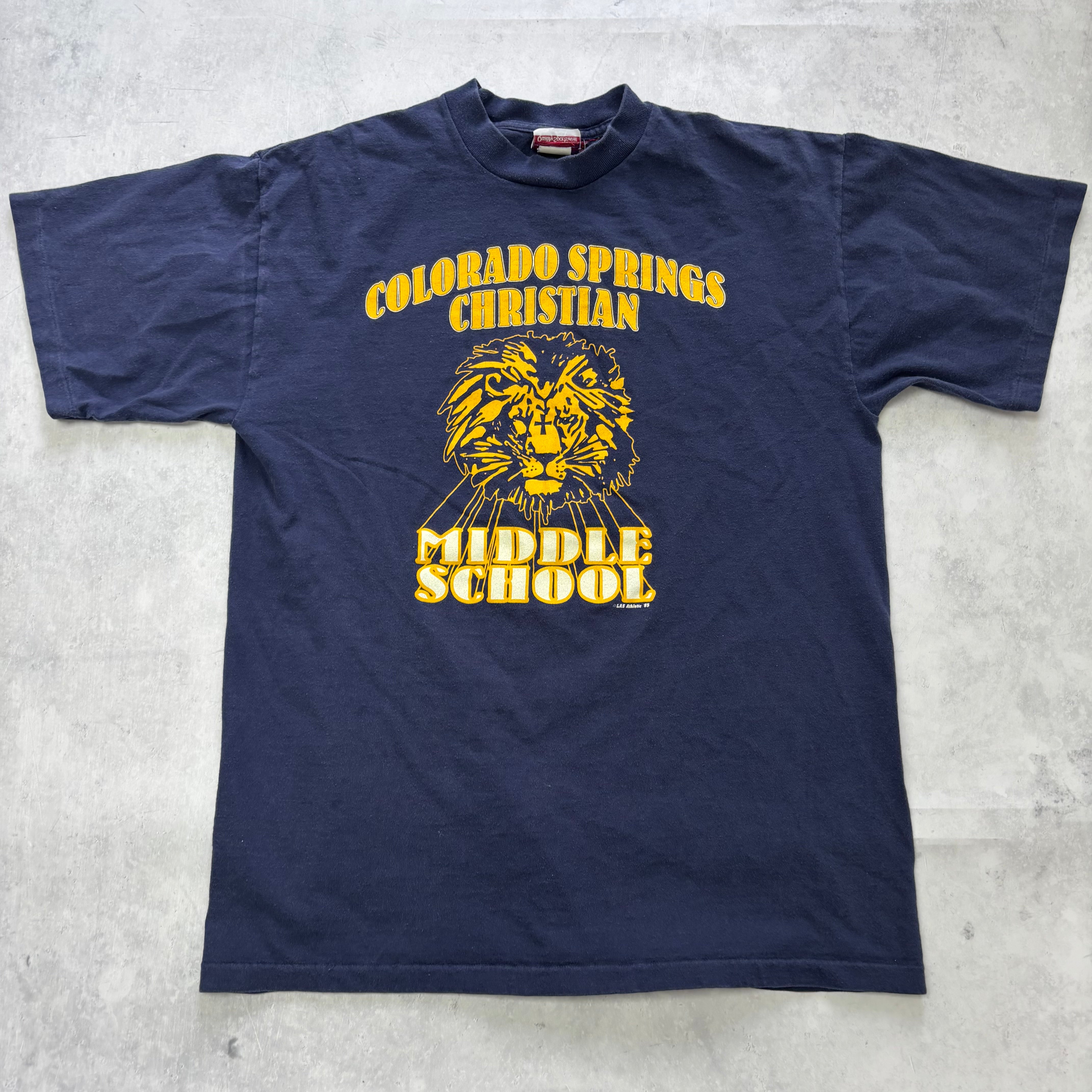 Vintage T Shirt Mens Medium Navy Blue Single Stitch Graphic Print 90s School