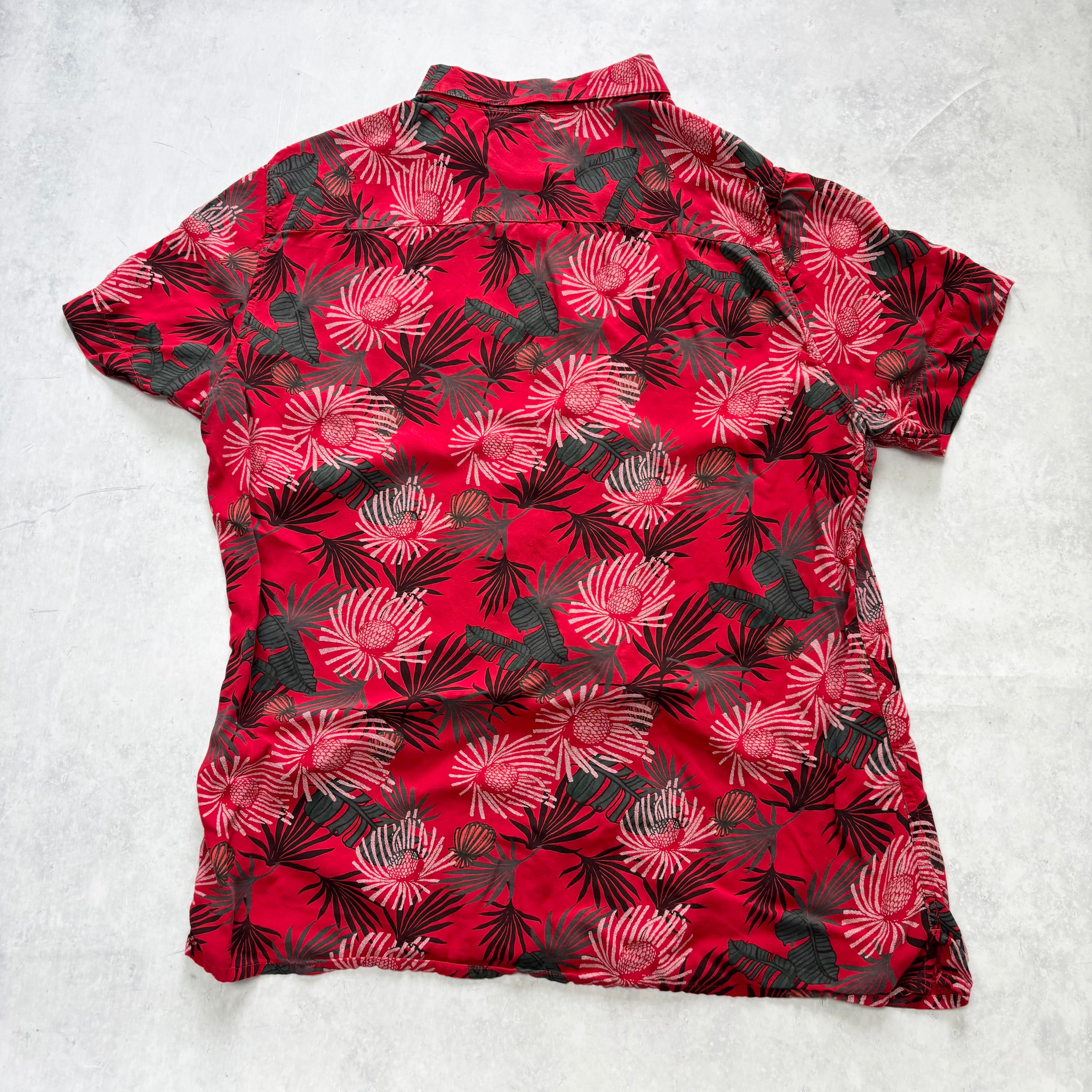 Hawaiian Shirt Mens Large Red Floral Aloha Short Sleeve Viscose Slim Fit (E)