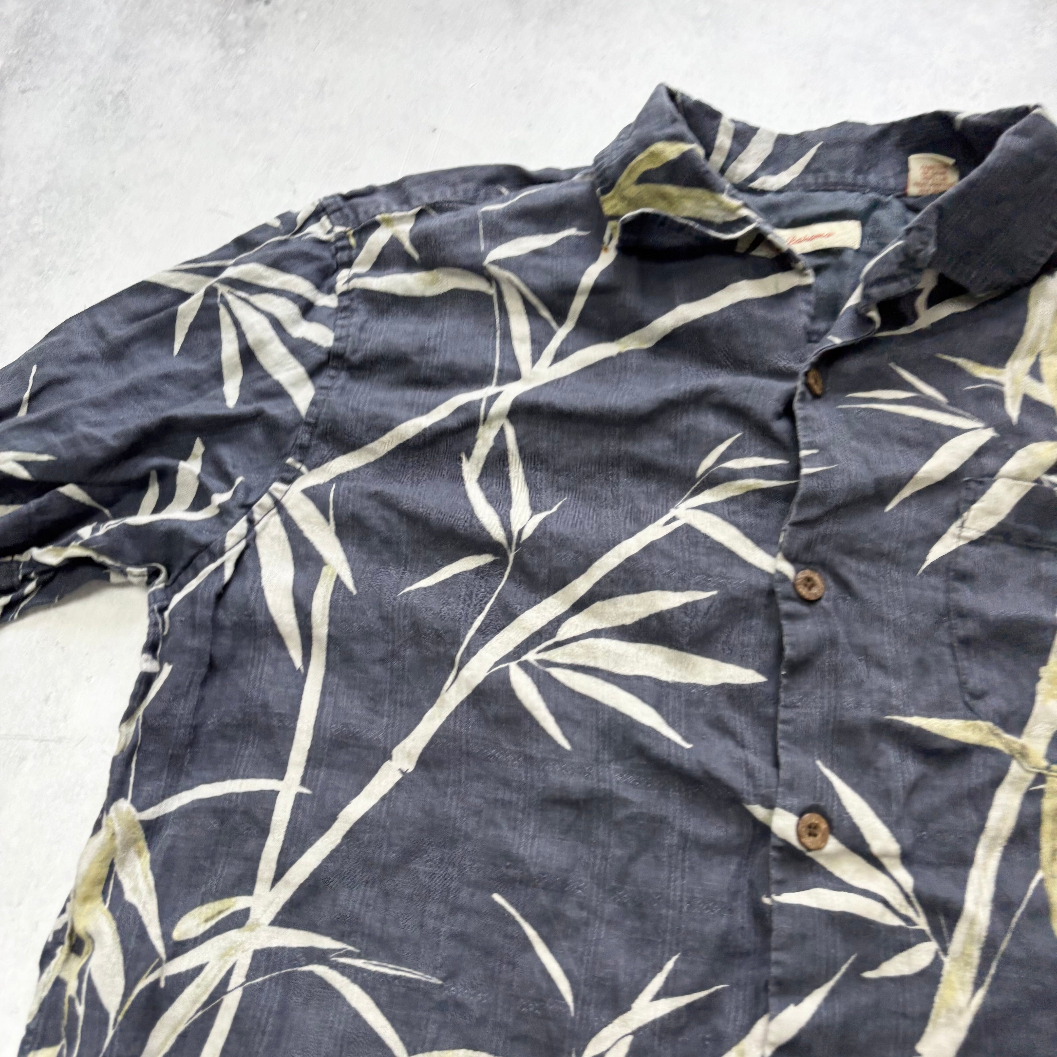 Vintage Hawaiian Shirt Mens XL Navy Blue Floral Aloha Short Sleeve Linen (F)