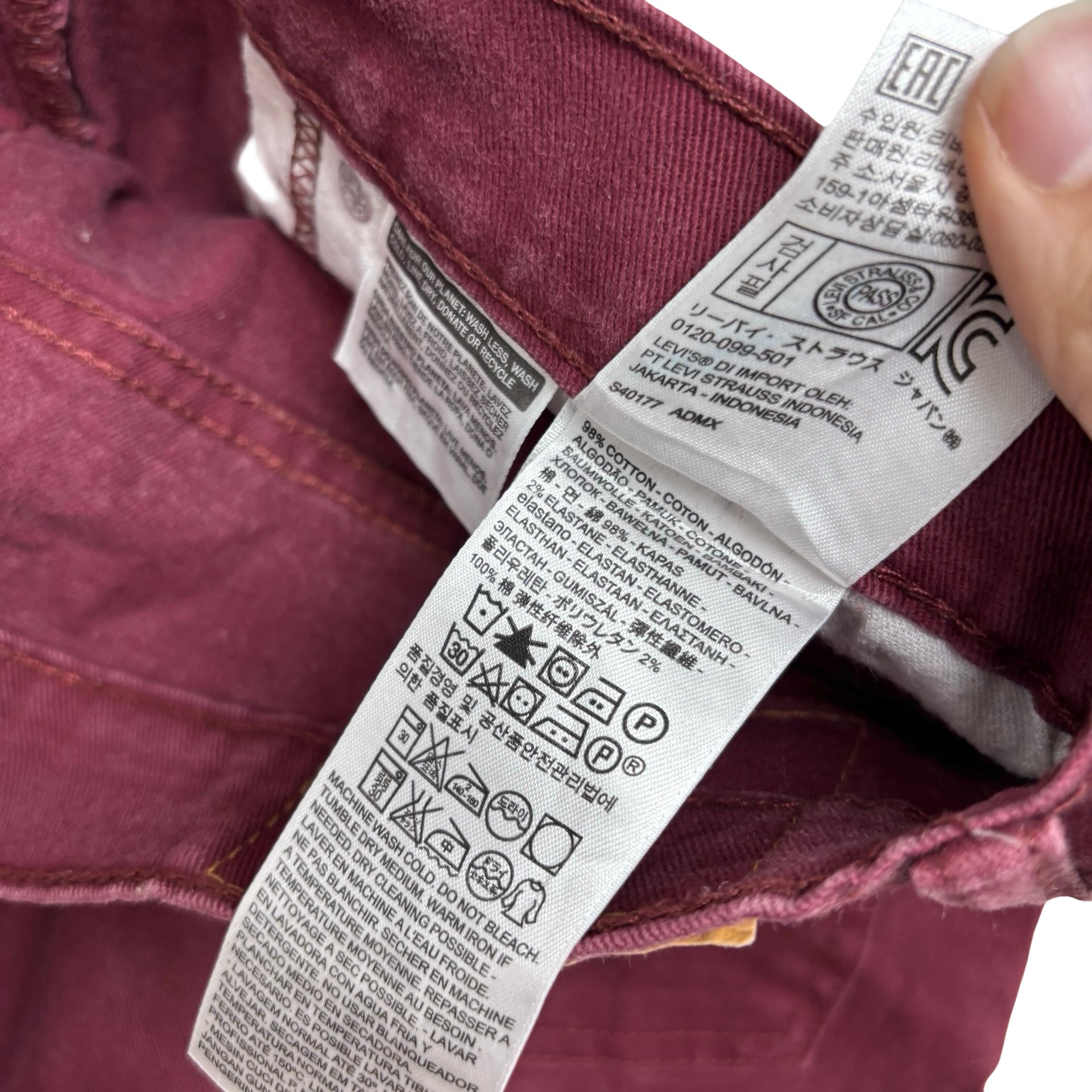 Levis 513 Jeans W34 L32 Mens Burgundy Slim Straight Fit Stretch Denim (E)