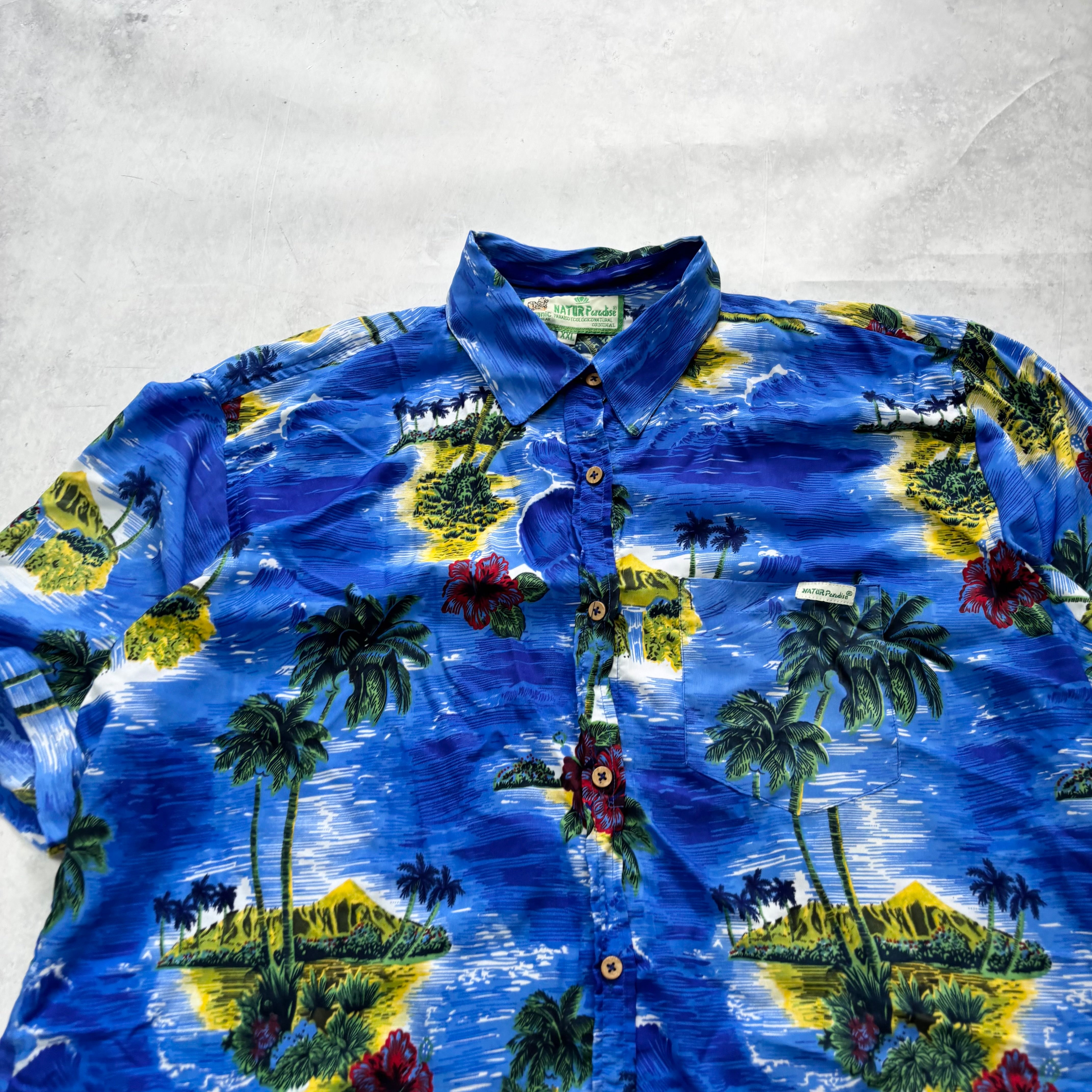 Hawaiian Shirt Mens XXL Blue Floral Aloha Short Sleeve Viscose (E)