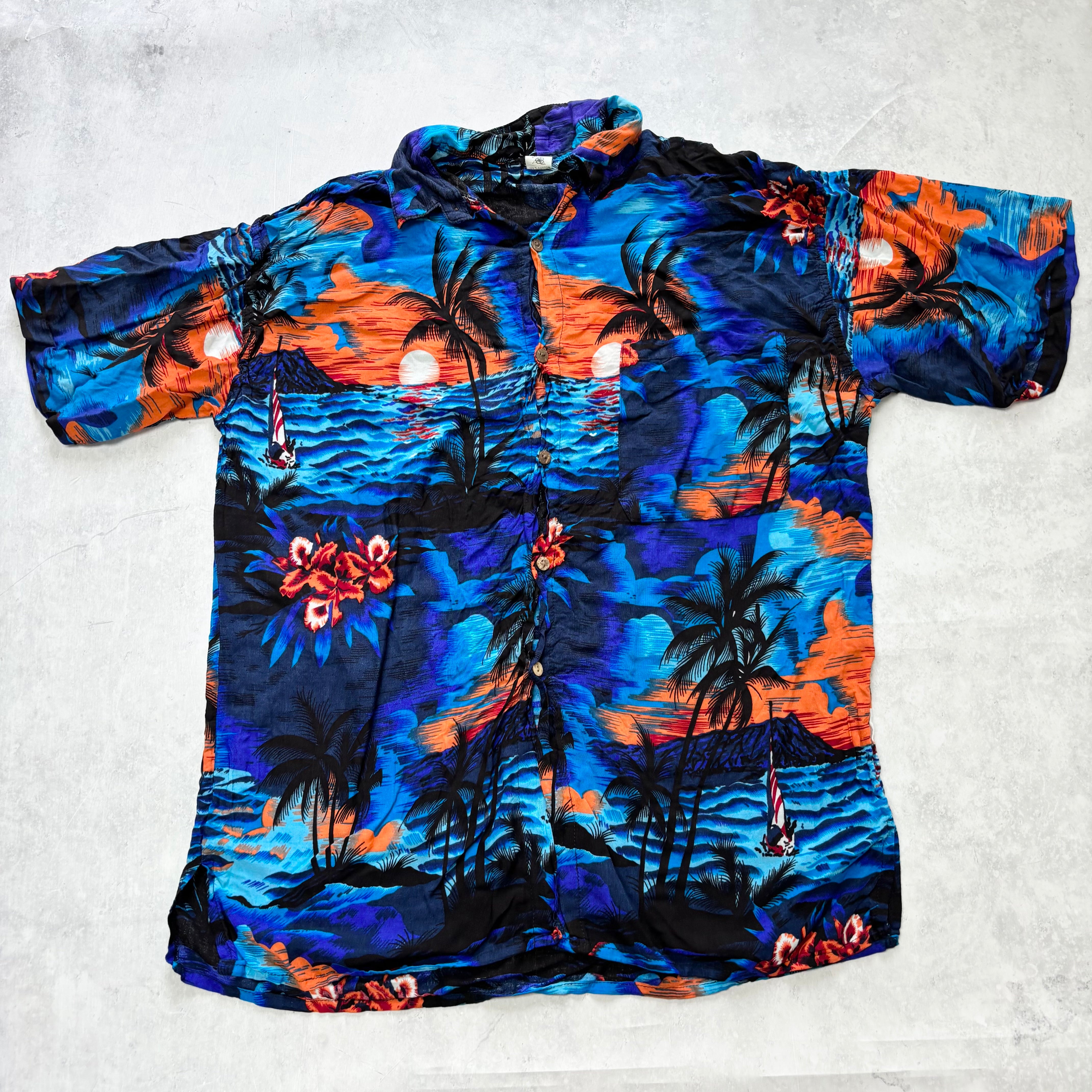 Hawaiian Shirt Mens XL Blue Floral Aloha Short Sleeve Cotton (E)