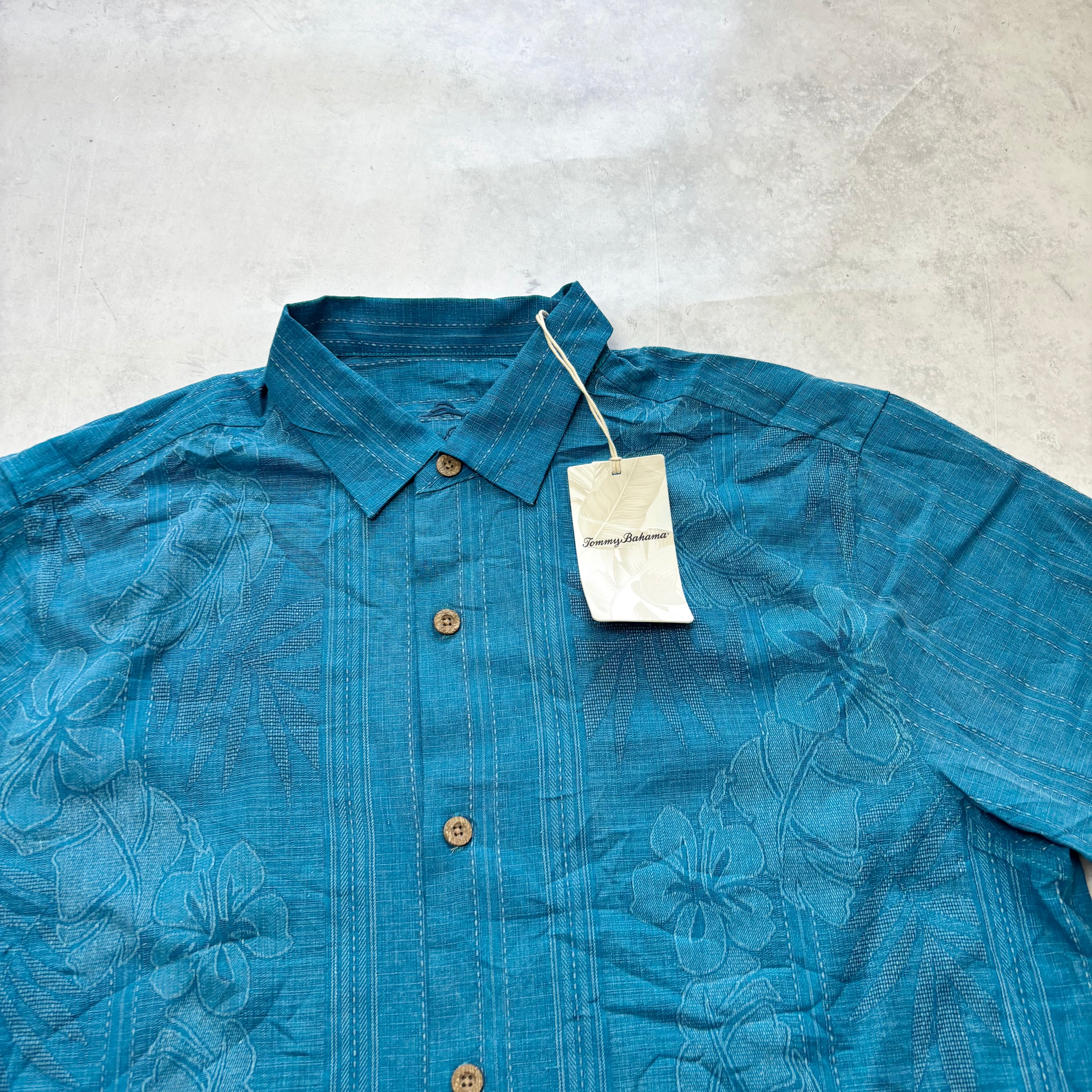 Tommy Bahama Hawaiian Shirt Mens Large Blue Silk Floral Aloha Short Sleeve (E)