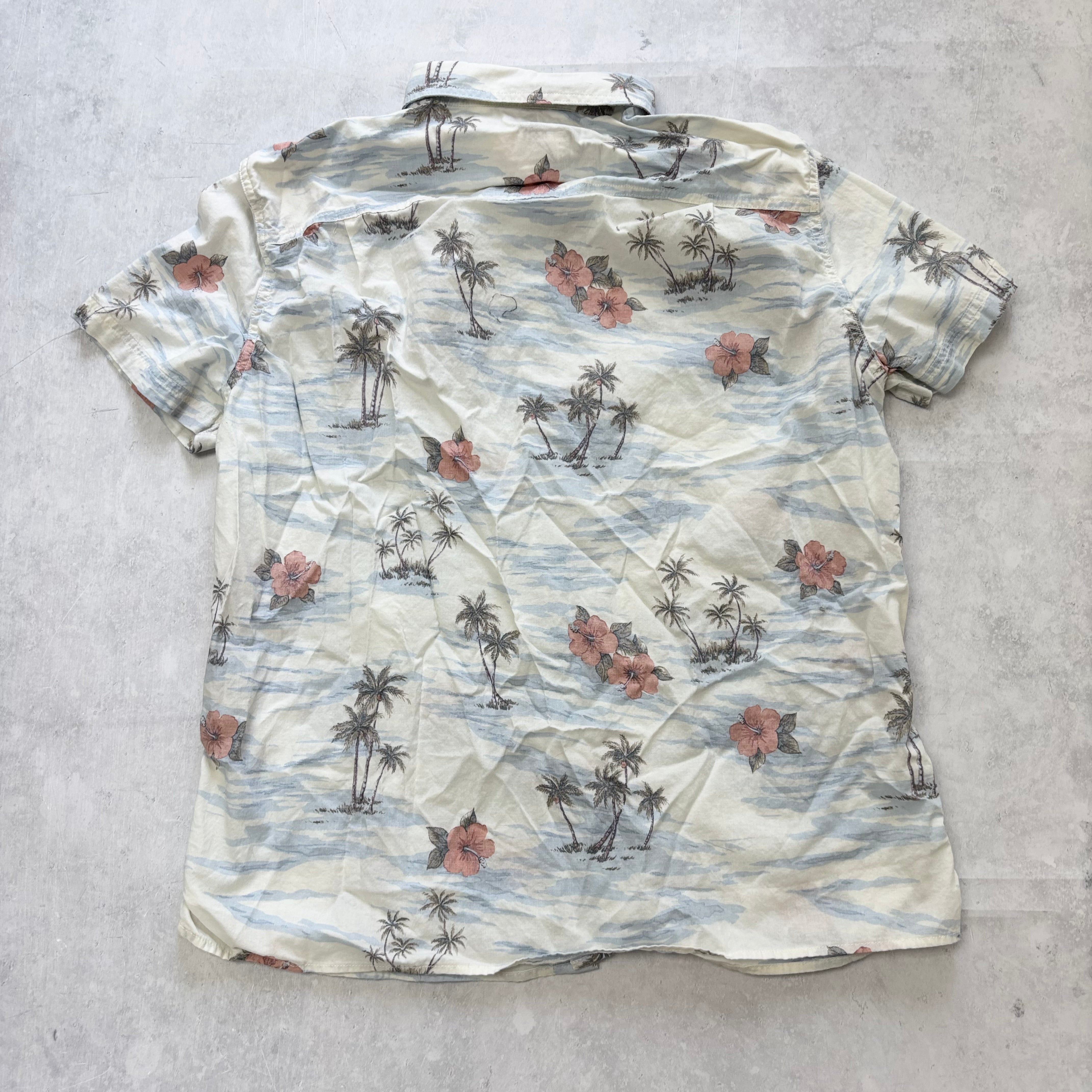 American Eagle Hawaiian Shirt Mens Large White Short Sleeve Cotton Slim Fit