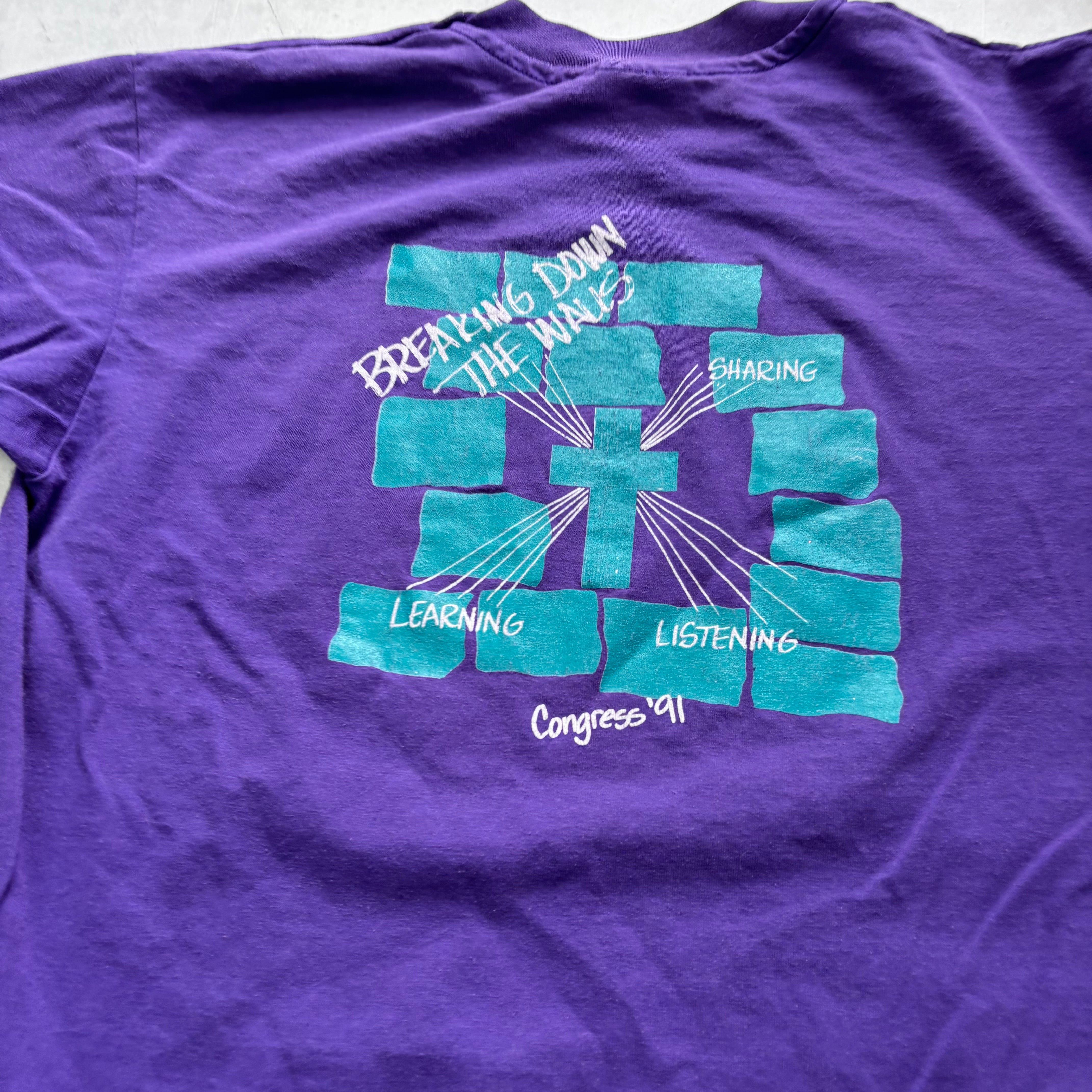 Vintage T Shirt Mens Medium Purple Single Stitch Graphic Print 90s USA