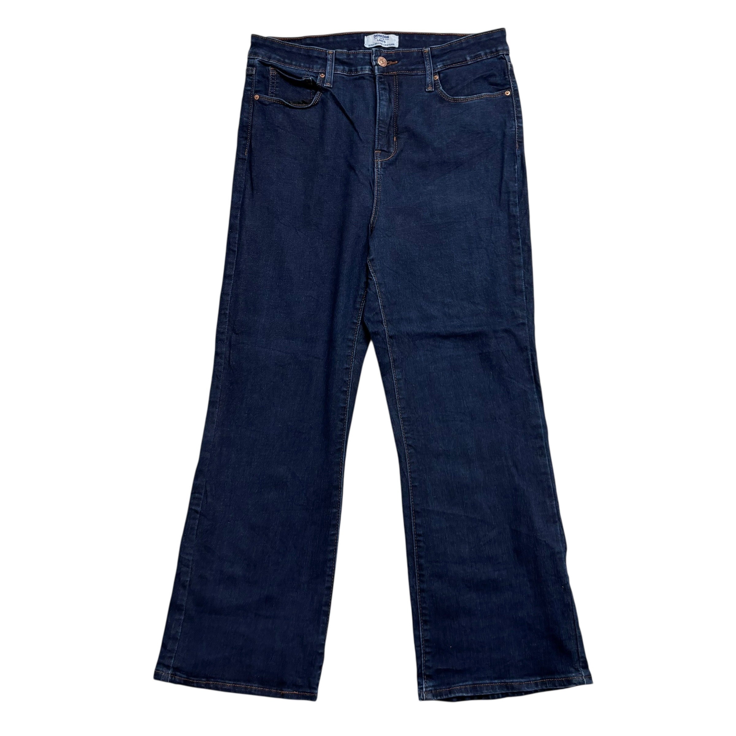 Levis Denizen Jeans W31 Womens High Crop Flare Dark Blue Stretch Denim (E)