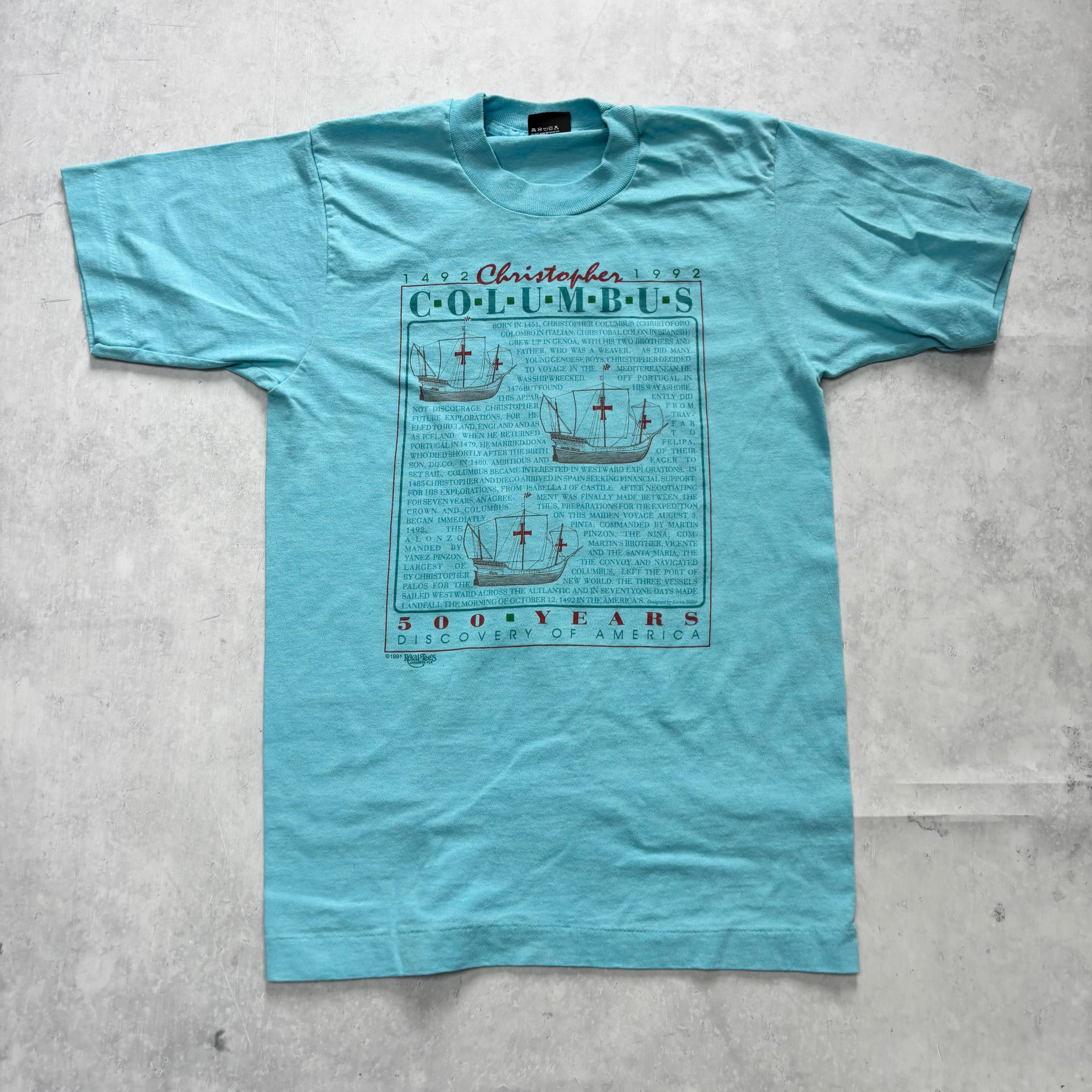 Vintage T Shirt Mens XS Blue Single Stitch Graphic Print 90s Columbus (E)