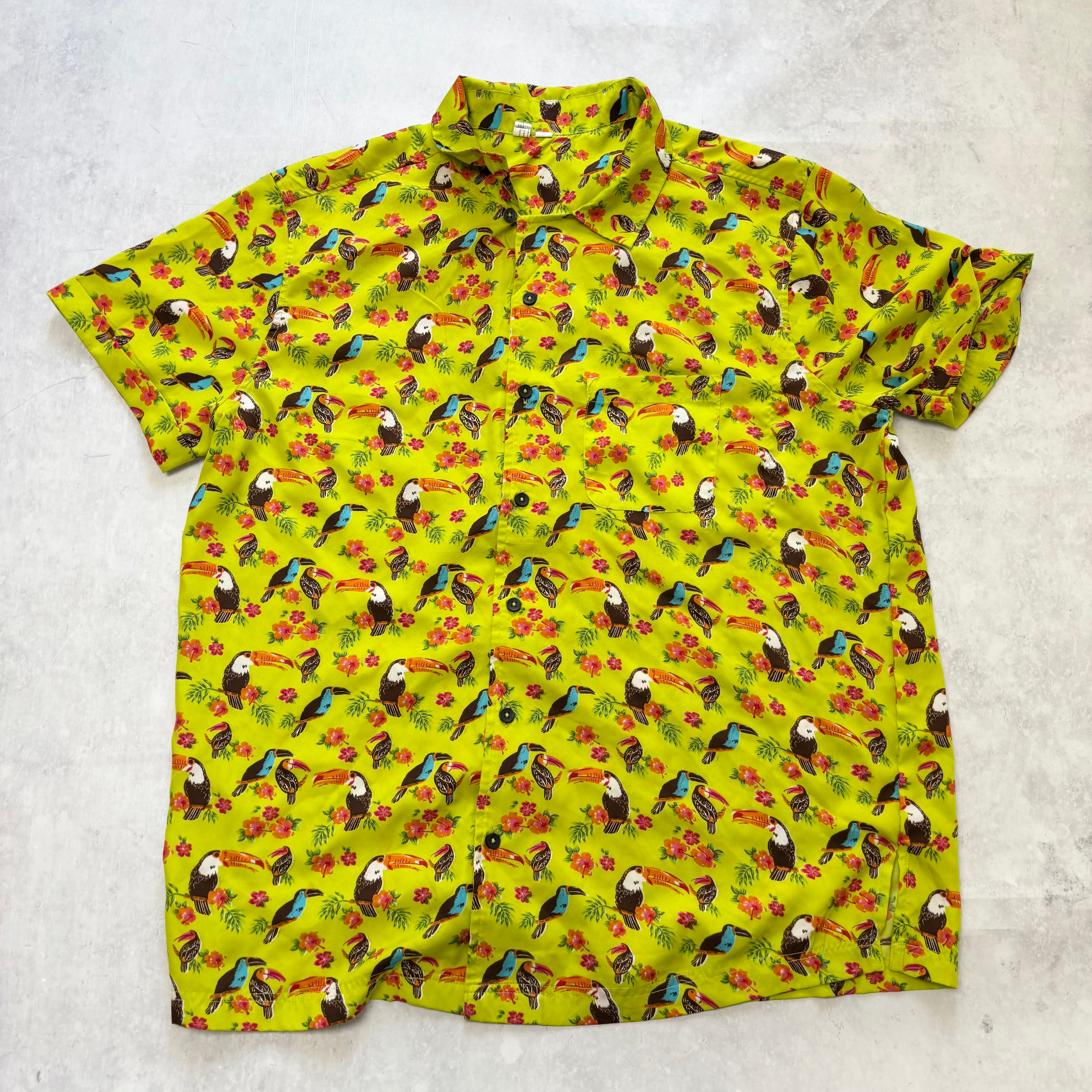 Hawaiian Shirt Mens Large Green Floral Short Sleeve Polyester Slim Fit (E)