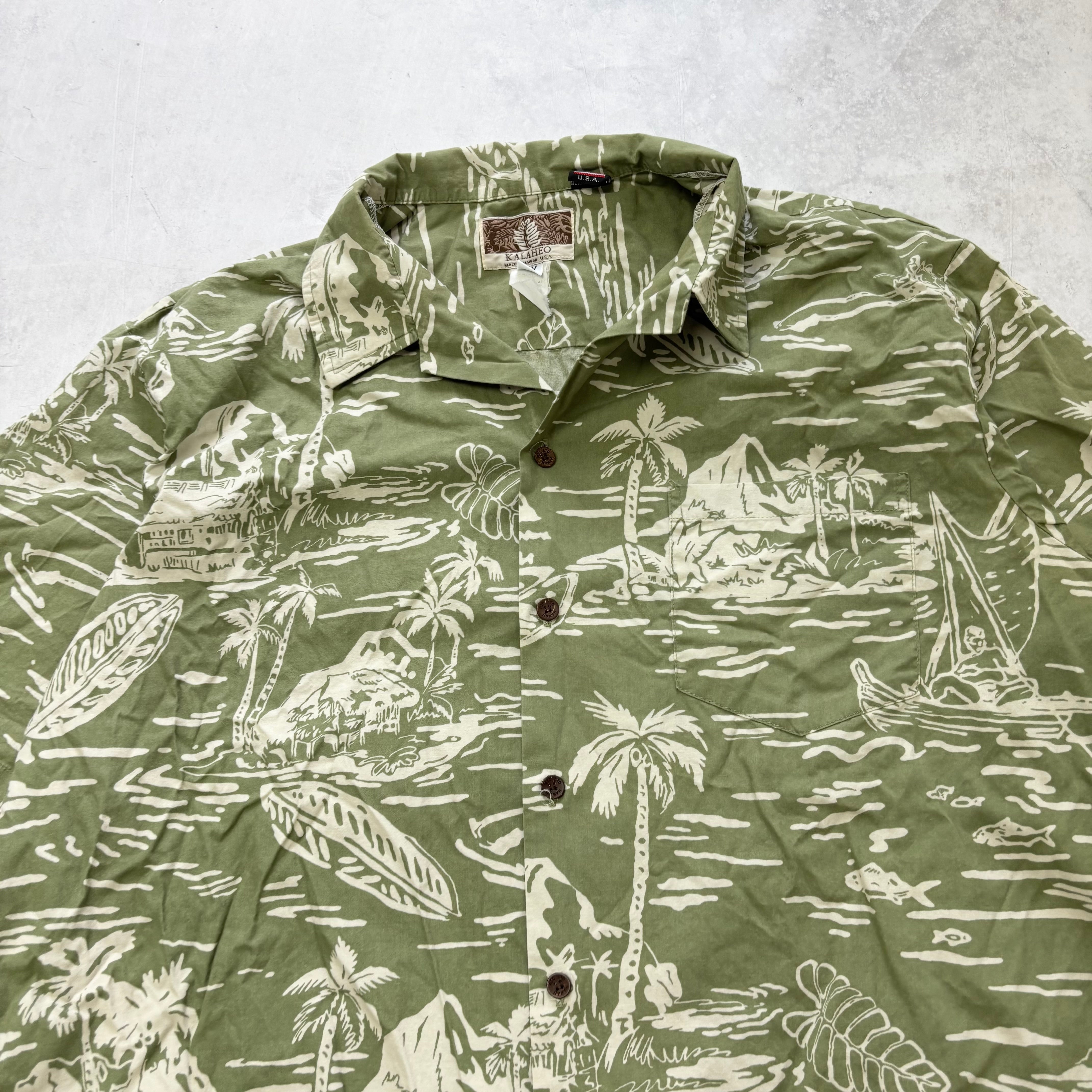 Vintage Hawaiian Shirt Mens XXL Green Floral Aloha Short Sleeve Cotton (E)