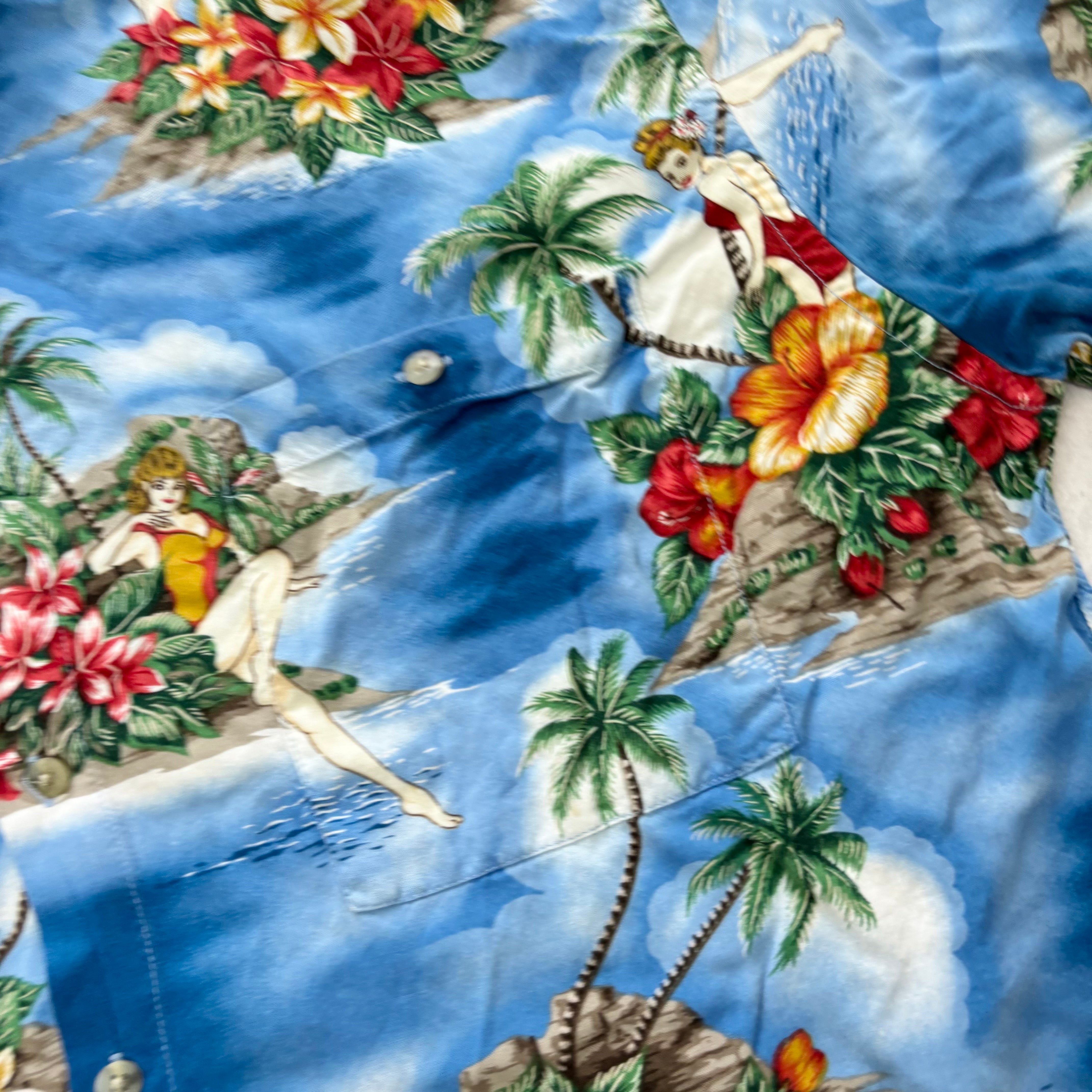 Vintage Hawaiian Shirt Mens XL Blue Floral Aloha Short Sleeve Rayon (E)