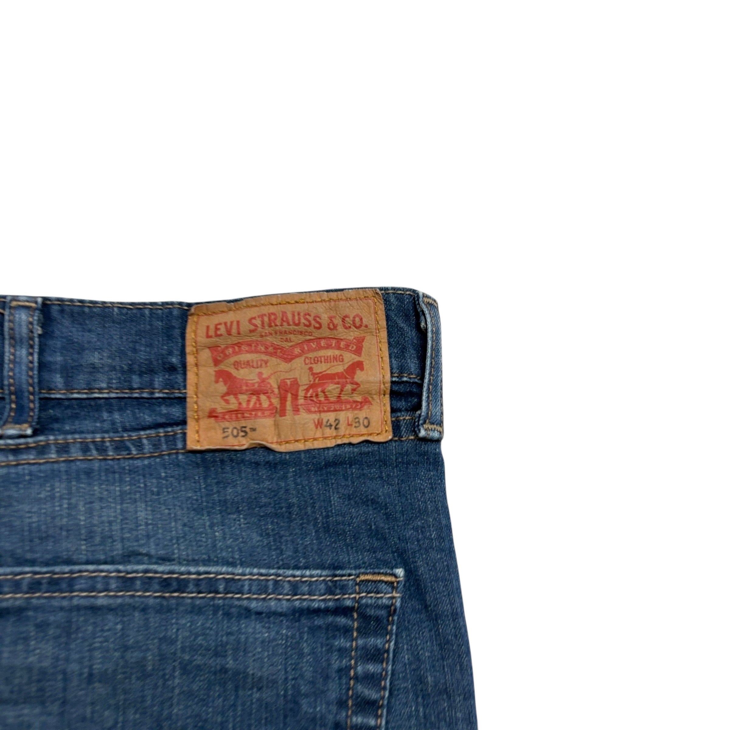 Levis 505 Jeans W42 L30 Mens Dark Blue Regular Straight Fit Stretch Denim (E)