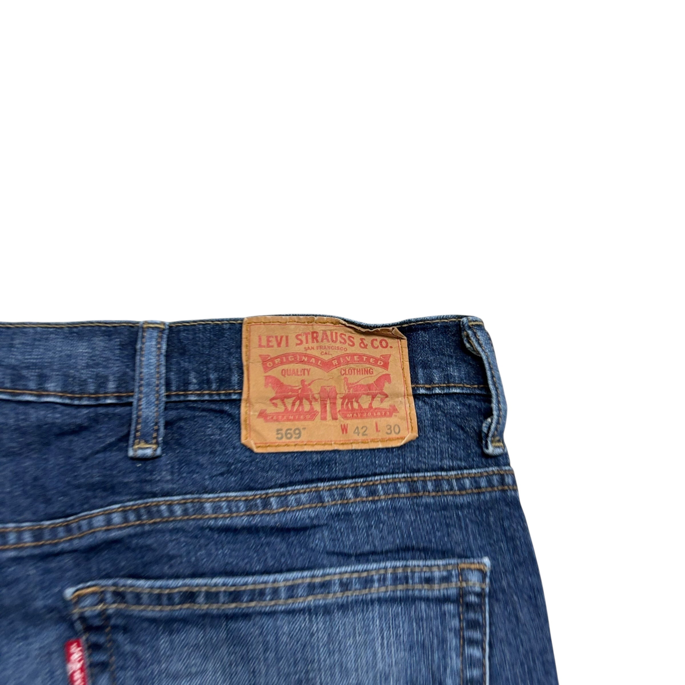 Levis 569 Jeans W42 L30 Mens Mid Blue Baggy Relaxed Straight Fit Stretch Denim (E)