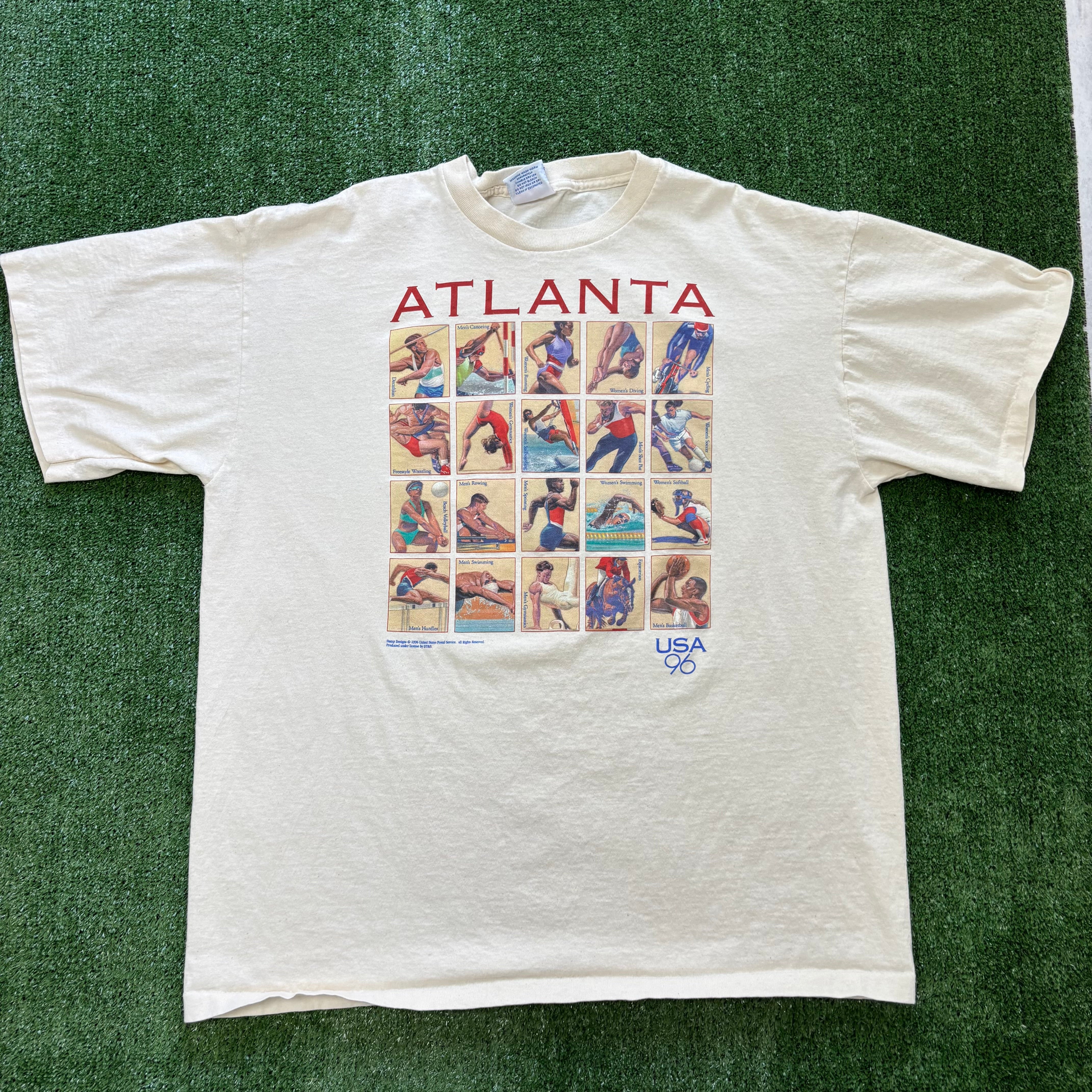 Vintage T Shirt Mens XL Beige Single Stitch Graphic Print 90s Olympics (E)