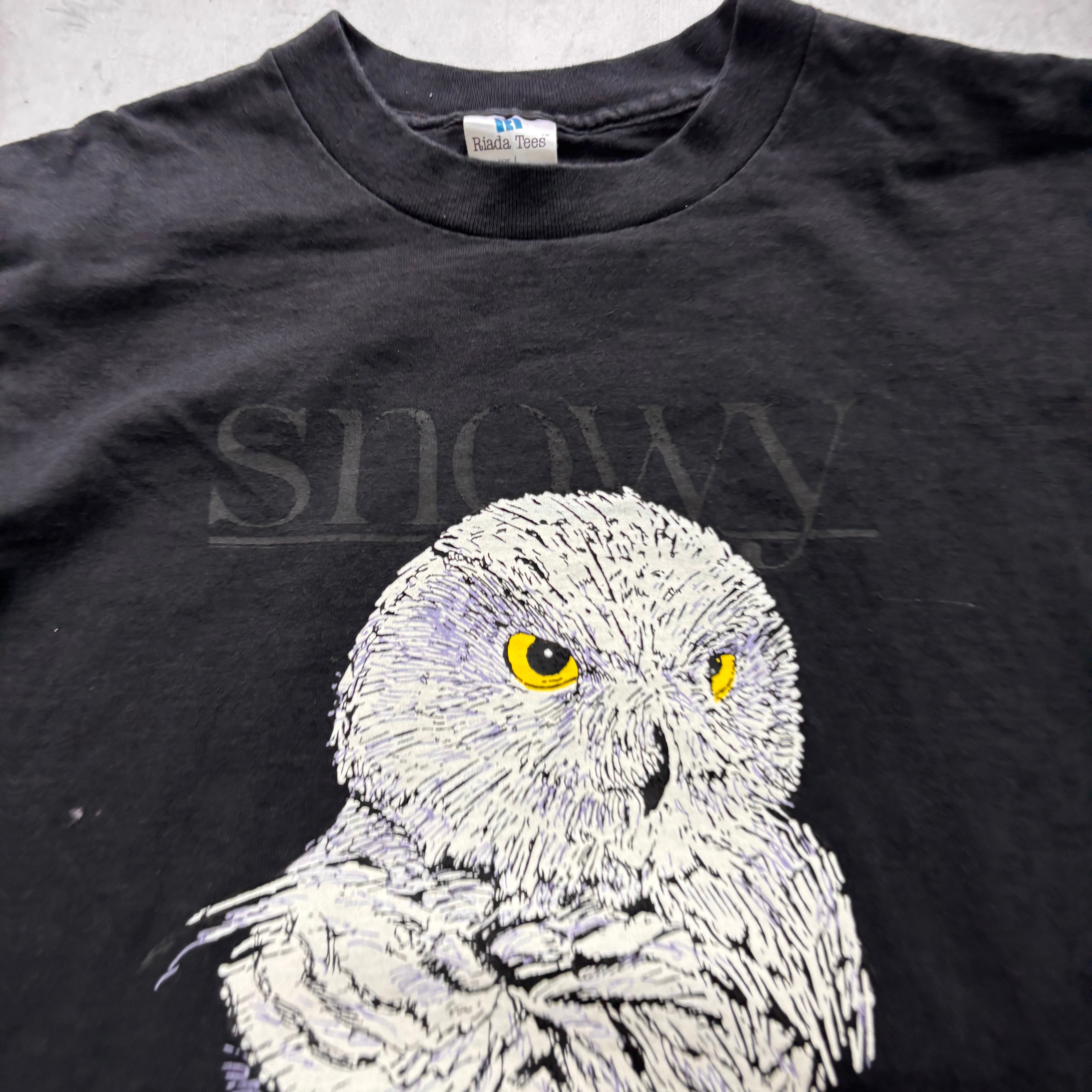 Vintage T Shirt Mens Medium Black Single Stitch Graphic Print 90s Owl (E)