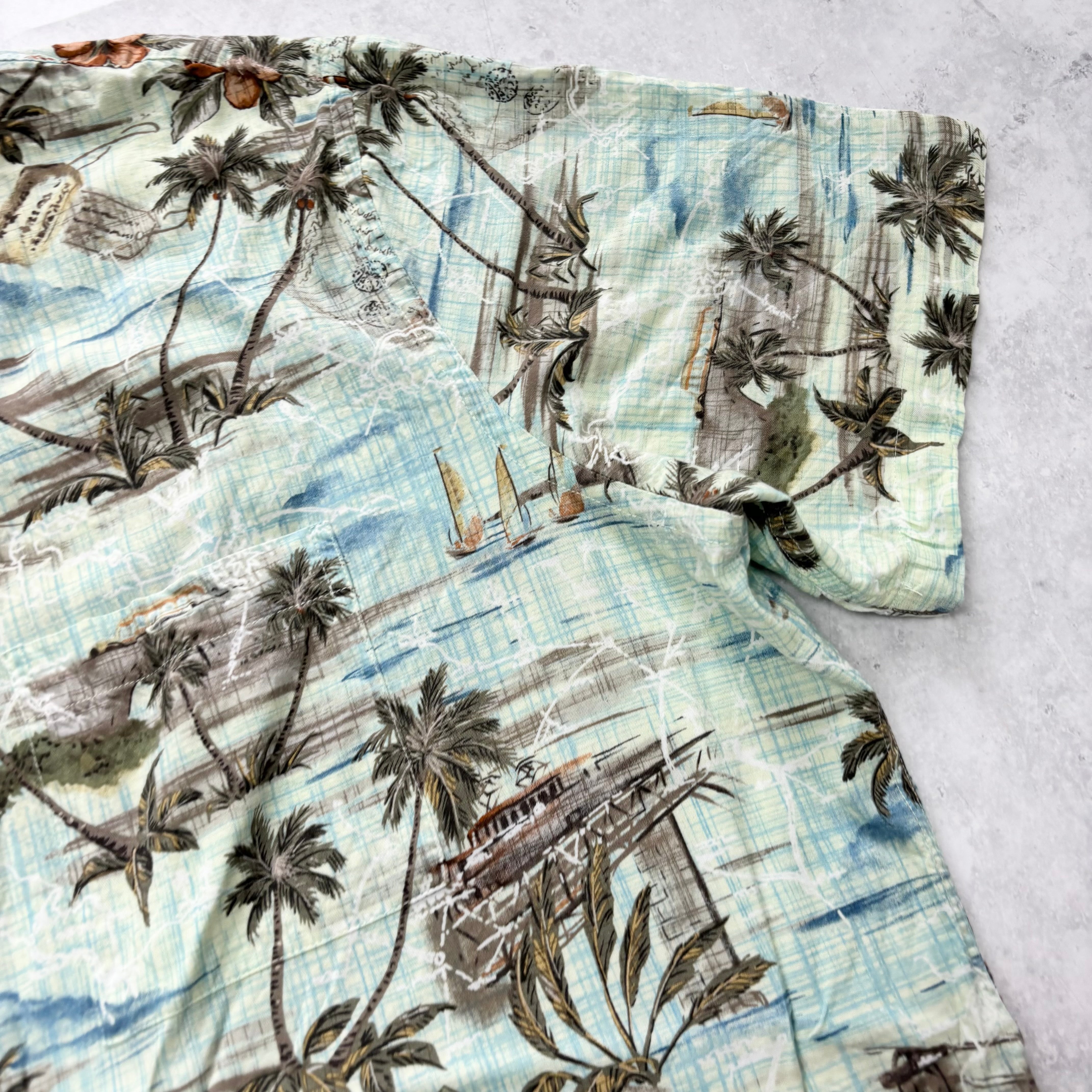Vintage Hawaiian Shirt Mens XXL Green Floral Aloha Short Sleeve Rayon (E)