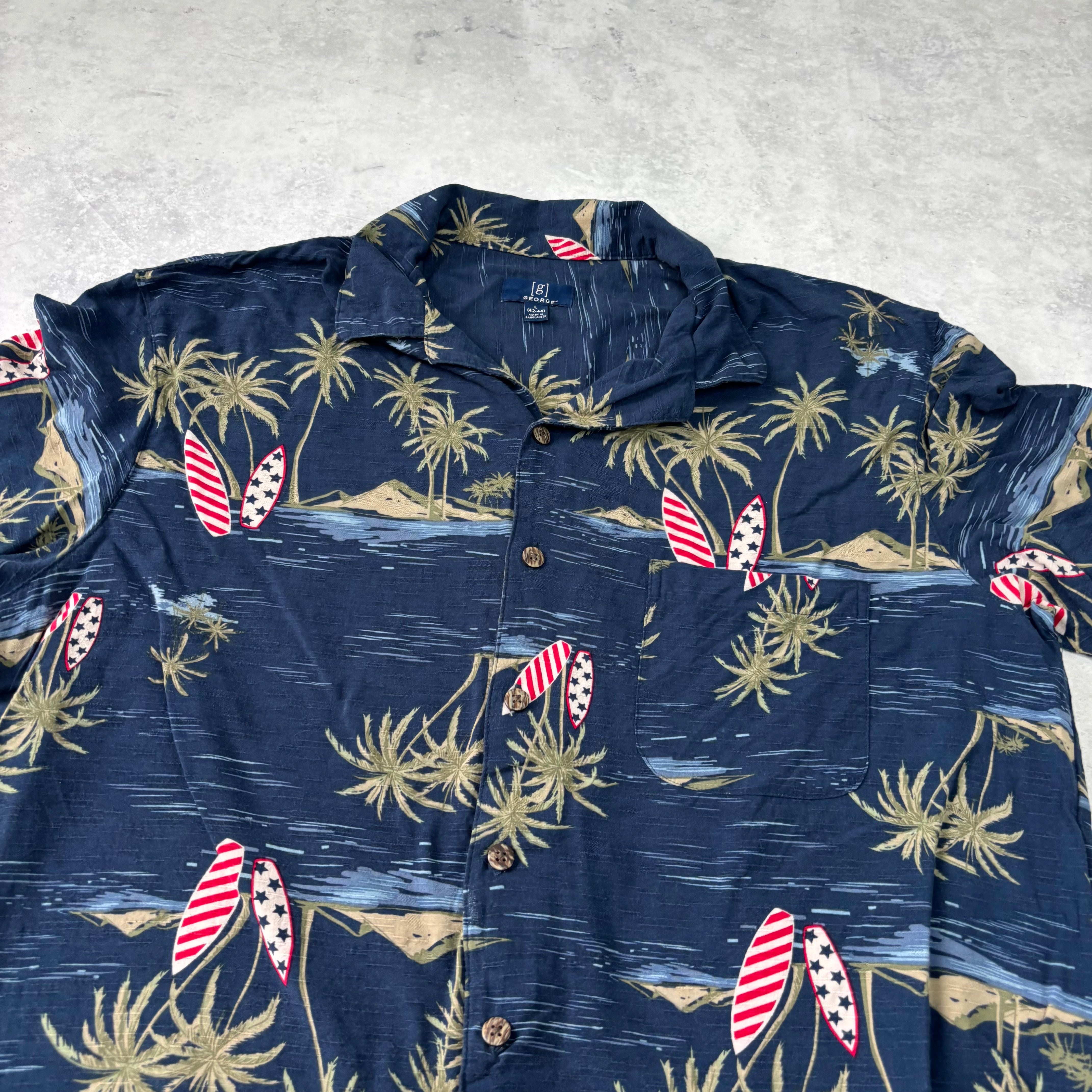 Hawaiian Shirt Mens Large Navy Blue Floral Aloha Short Sleeve Rayon George (E)