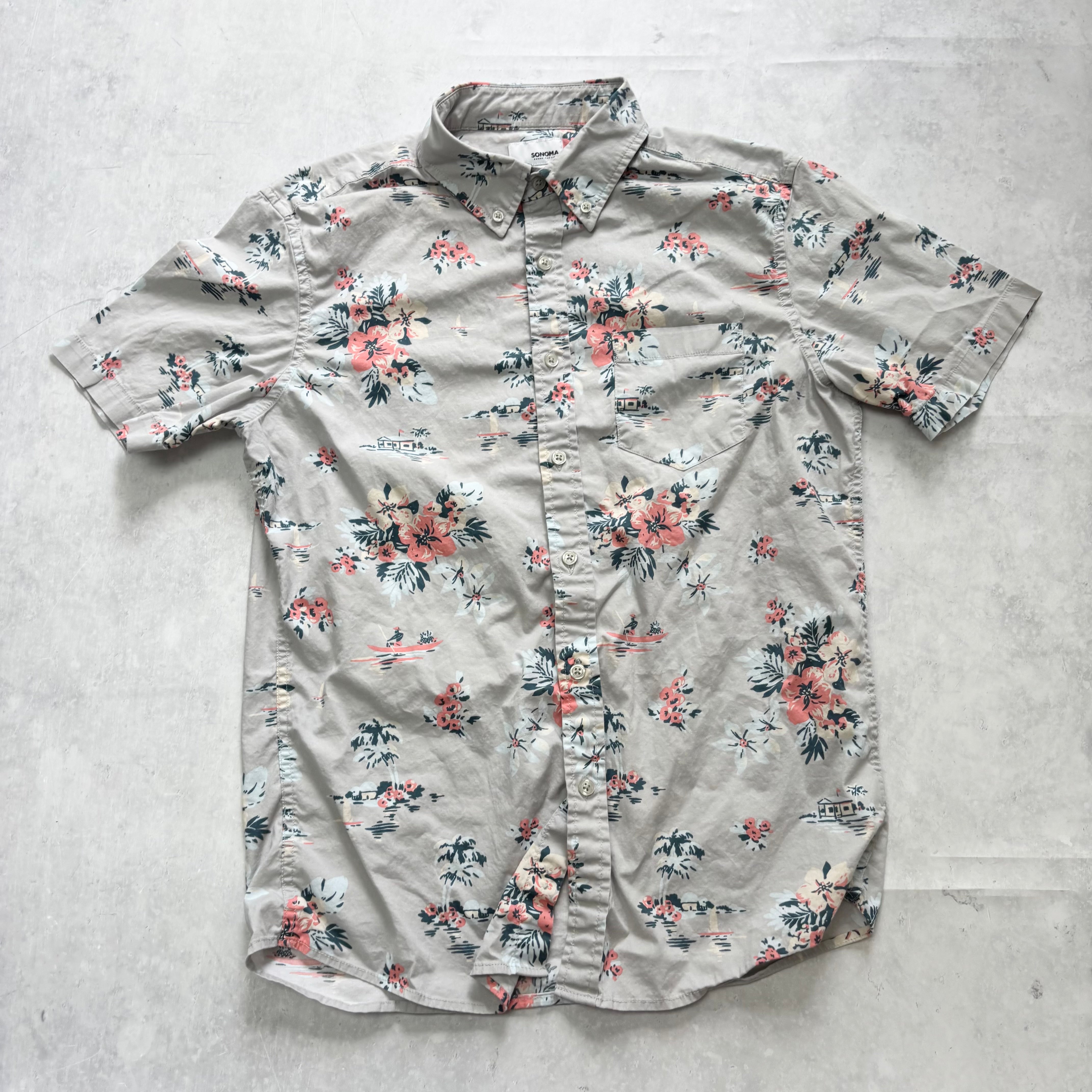 Sonoma Hawaiian Shirt Mens Small Grey Floral Aloha Short Sleeve Cotton (E)