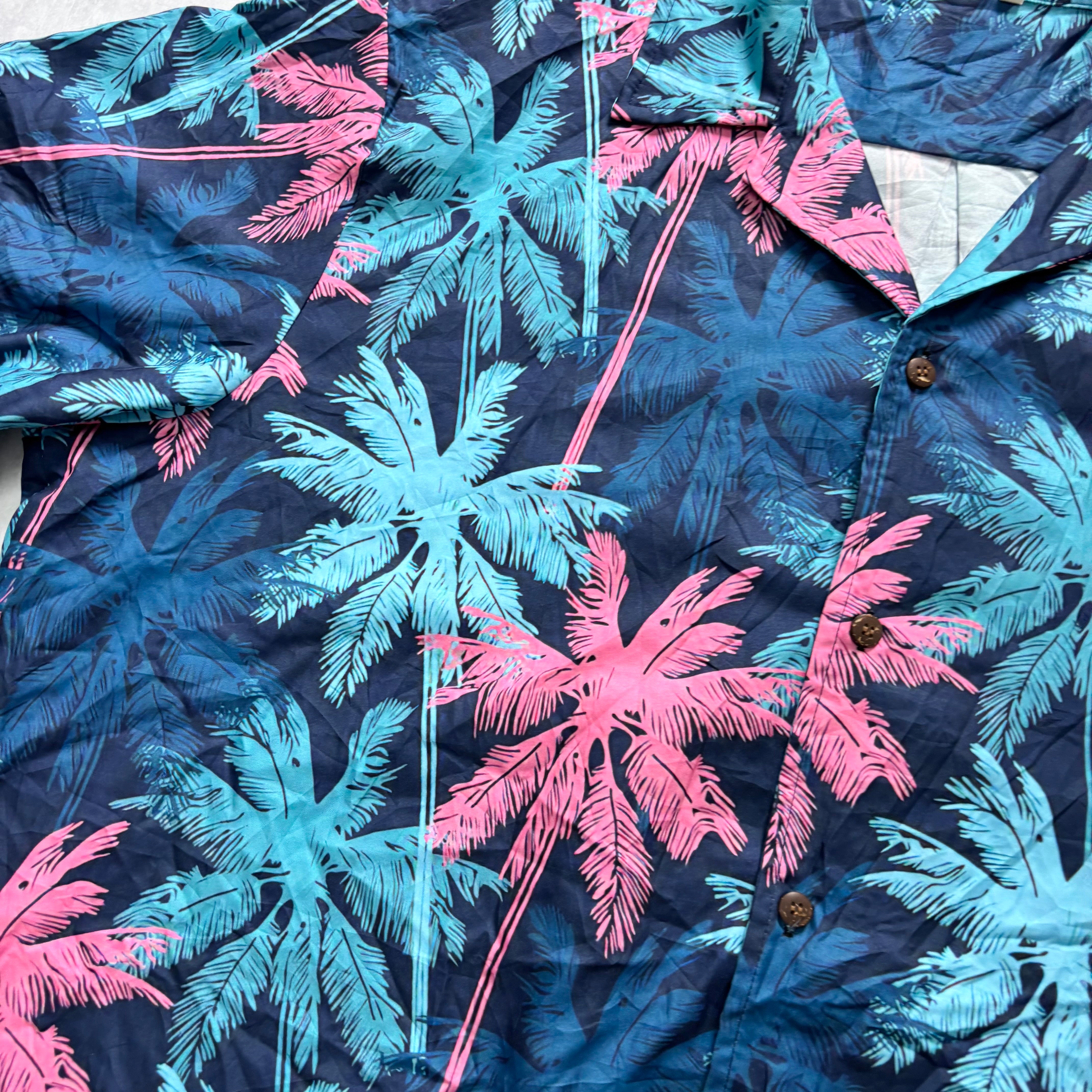 Hawaiian Shirt Mens XXL Blue Aloha Floral Short Sleeve Polyester (E)