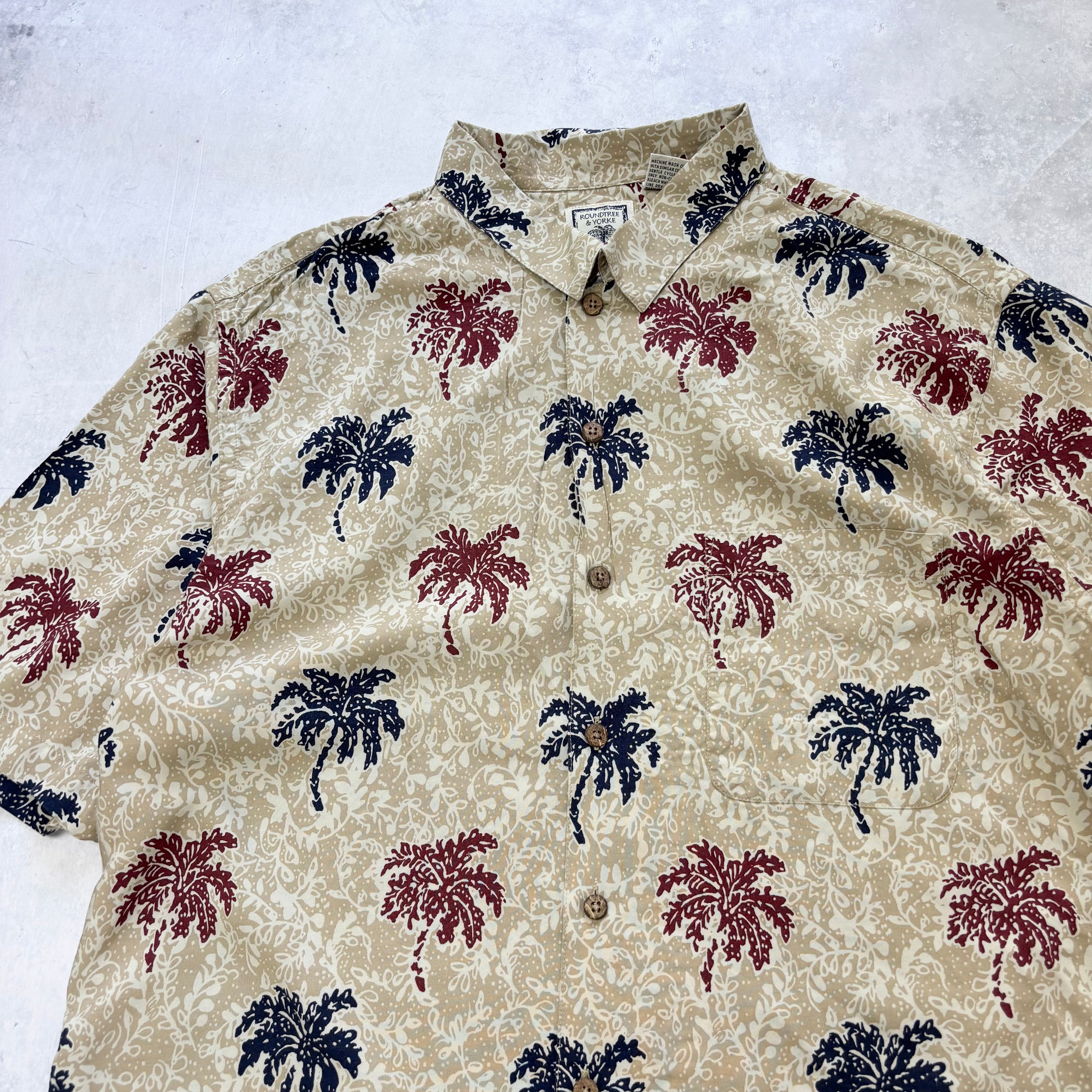 Vintage Hawaiian Shirt Mens Large Tan Floral Aloha Short Sleeve Rayon (E)