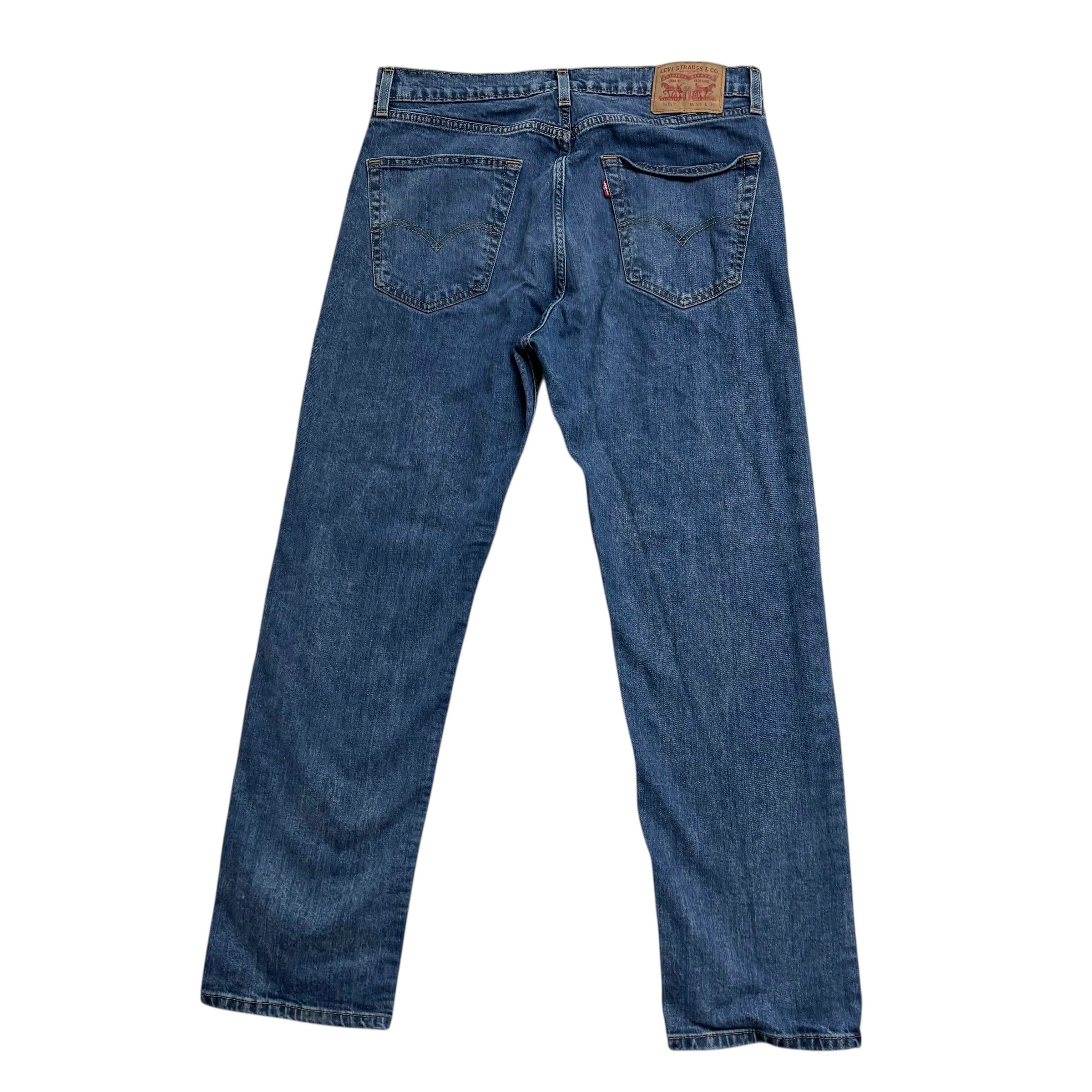 Levis 505 Jeans W34 L30 Mens Mid Blue Regular Straight Fit Stretch Denim (E)