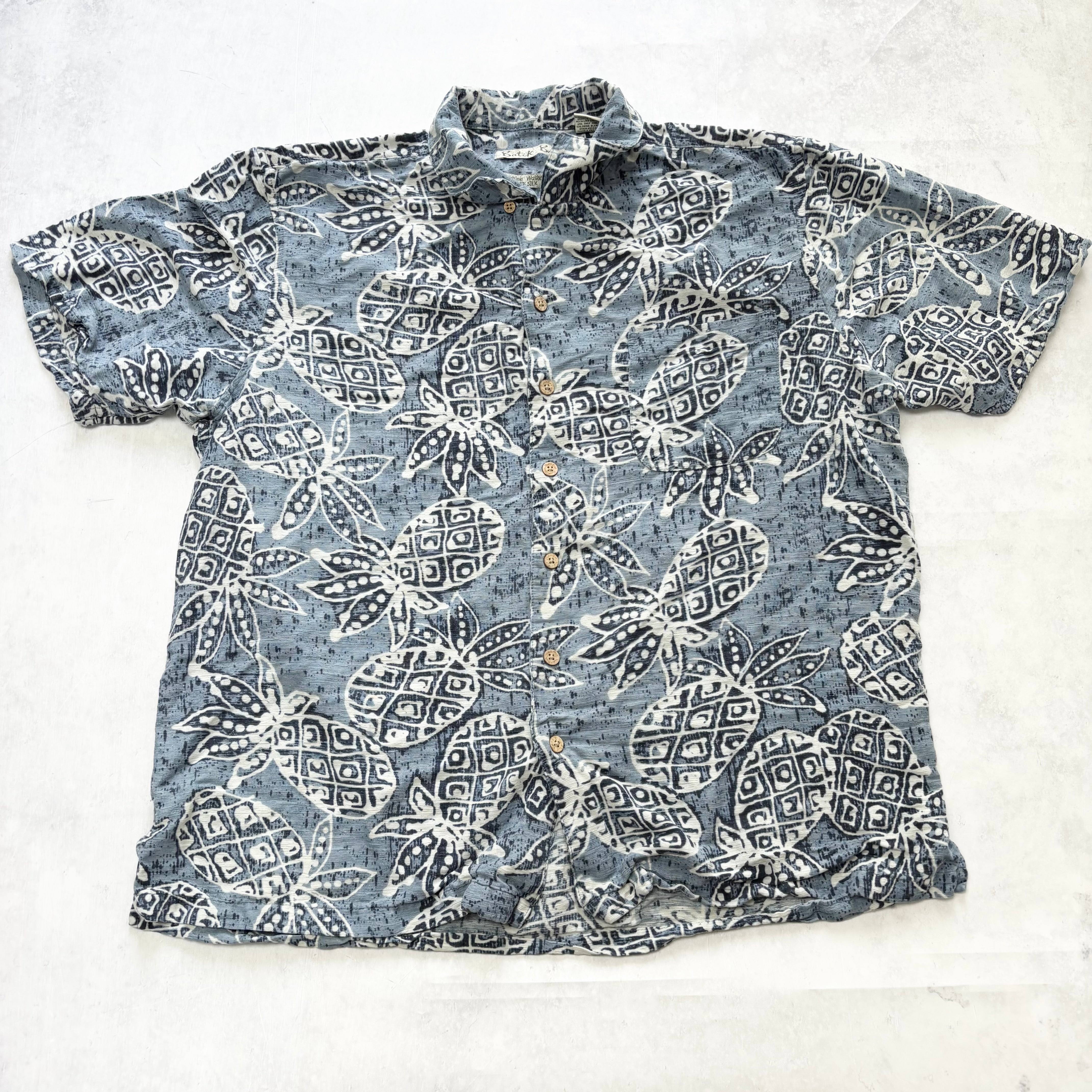 Hawaiian Shirt Mens Large Blue Floral Aloha Short Sleeve Silk Boxy Fit (E)