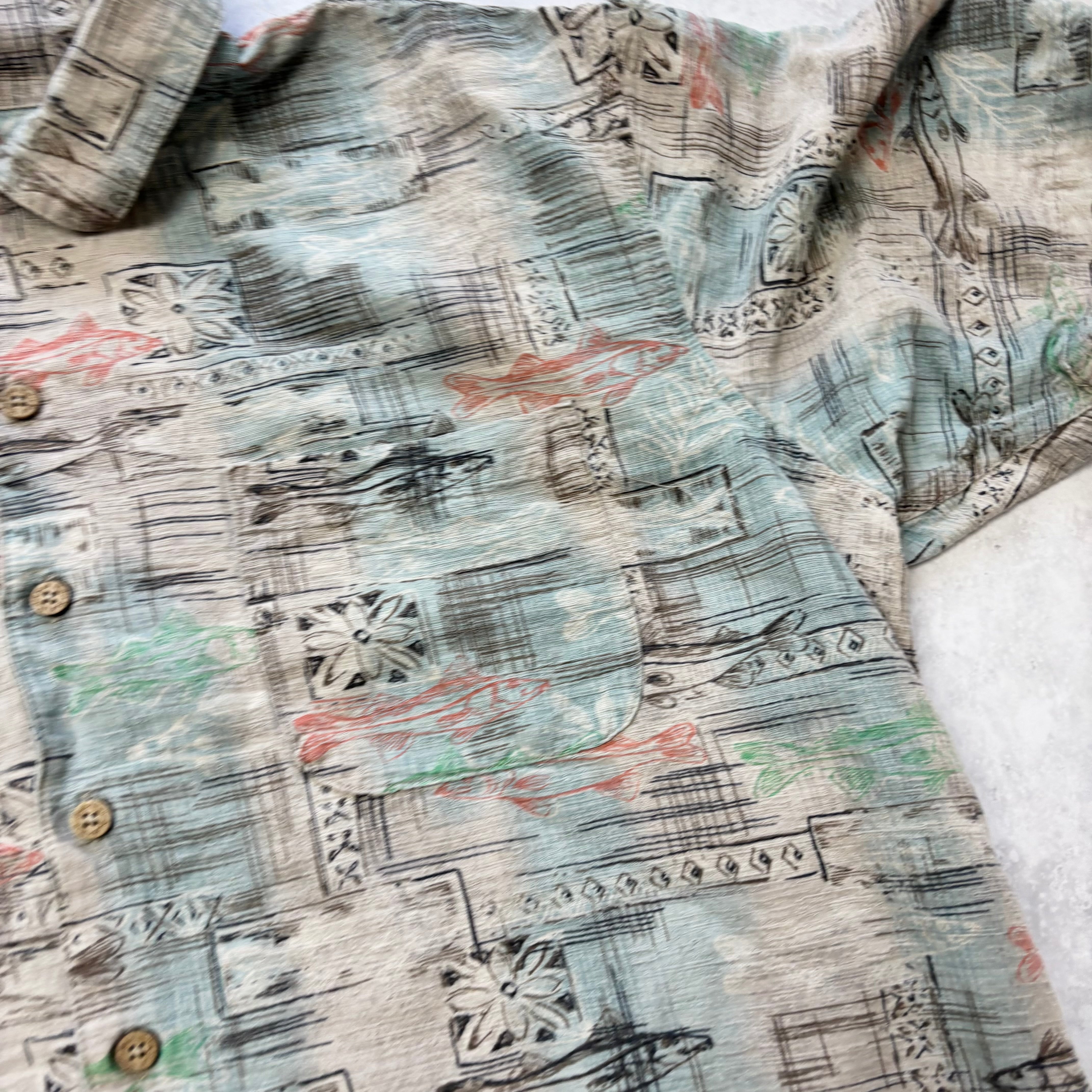 Vintage Hawaiian Shirt Mens Large Grey Silk Floral Aloha Short Sleeve (E)