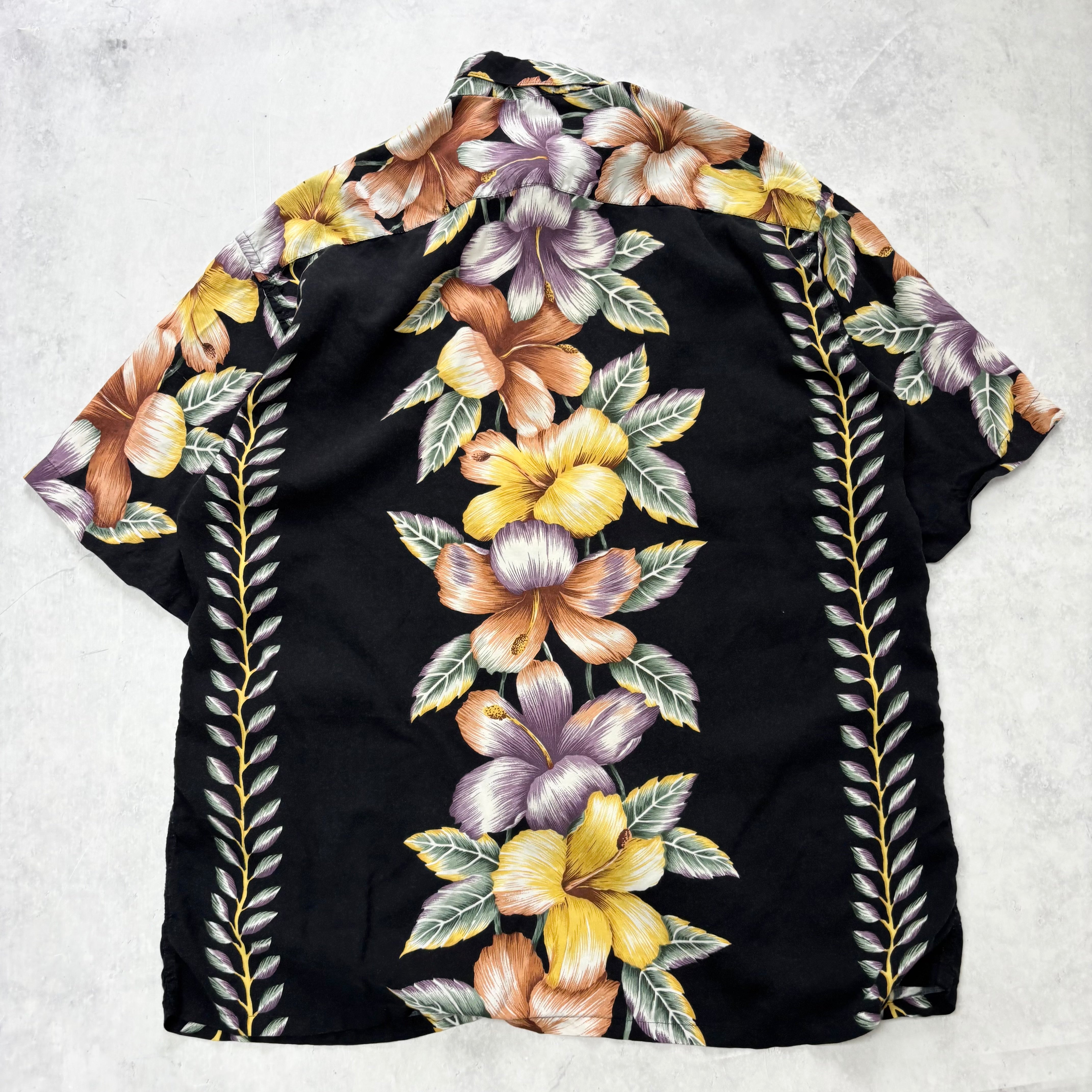 Vintage Hawaiian Shirt Mens Large Black Pierre Cardin Short Sleeve Rayon (E)
