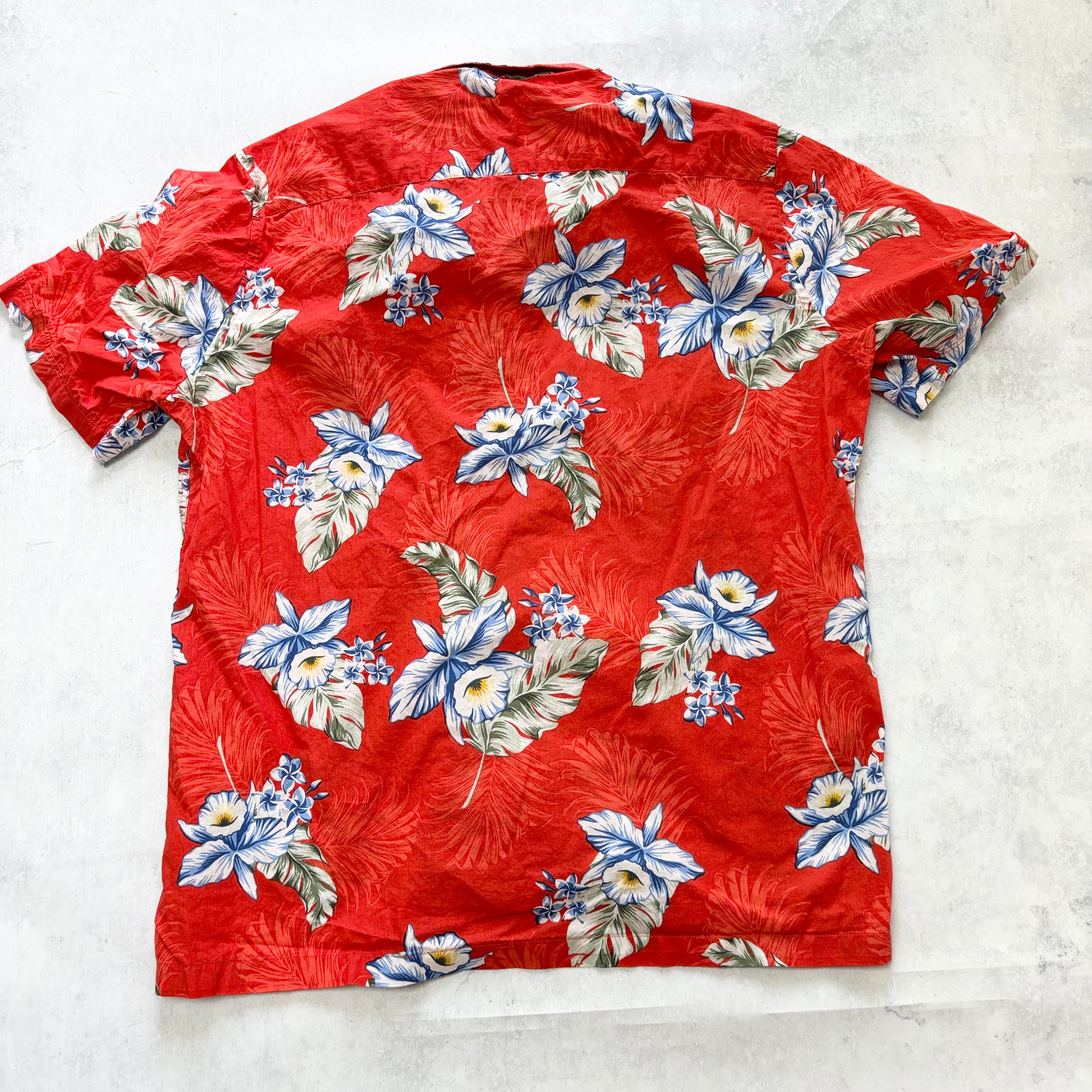 Hawaiian Shirt Mens Large Red Floral Aloha Short Sleeve Cotton Funky (E)