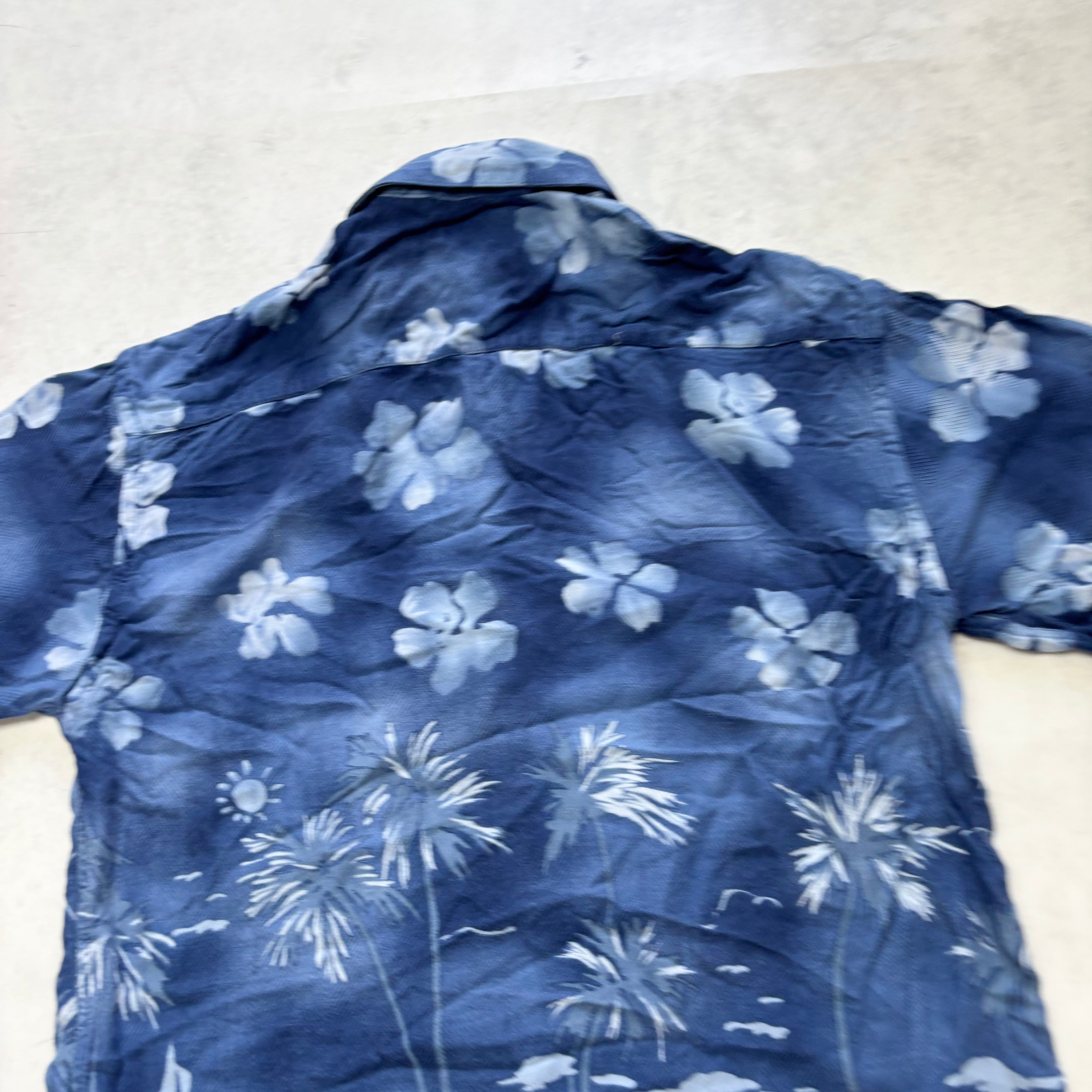 Hawaiian Shirt Mens Small Blue Aloha Floral Short Sleeve Rayon (E)