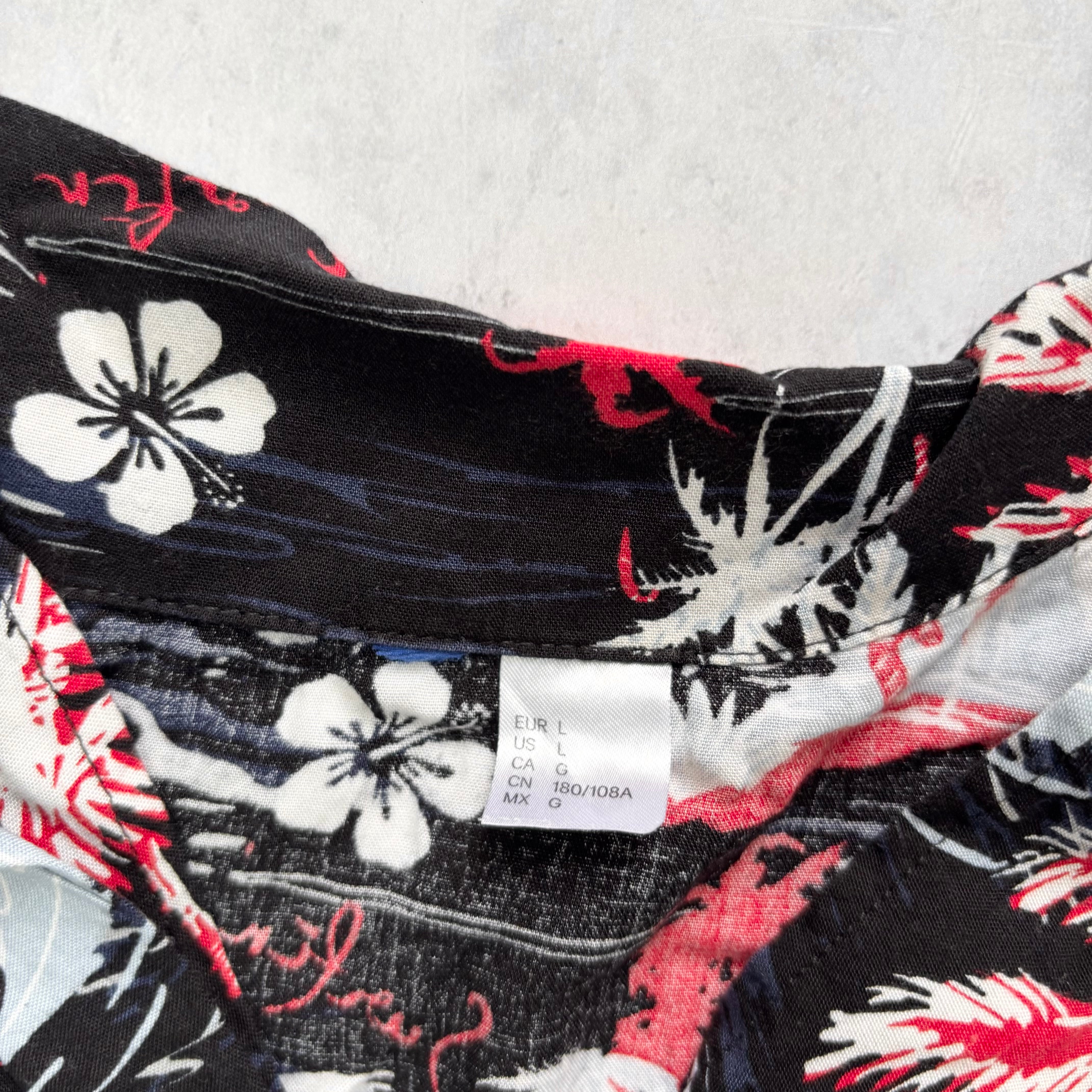 Hawaiian Shirt Mens Large Black Floral Aloha Short Sleeve Viscose (E)
