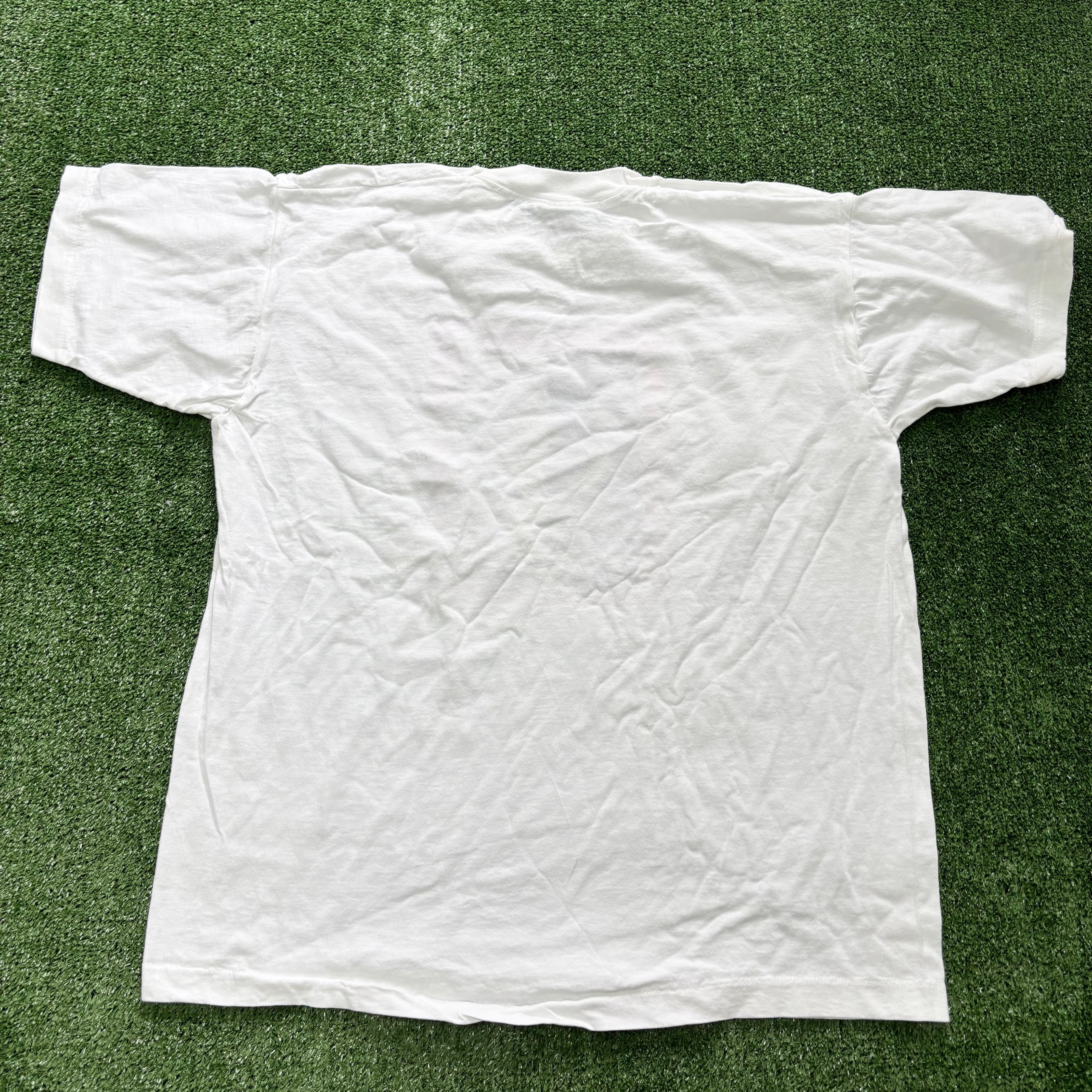 Vintage T Shirt Mens Large White Single Stitch Graphic Print 90s Boxy Fit