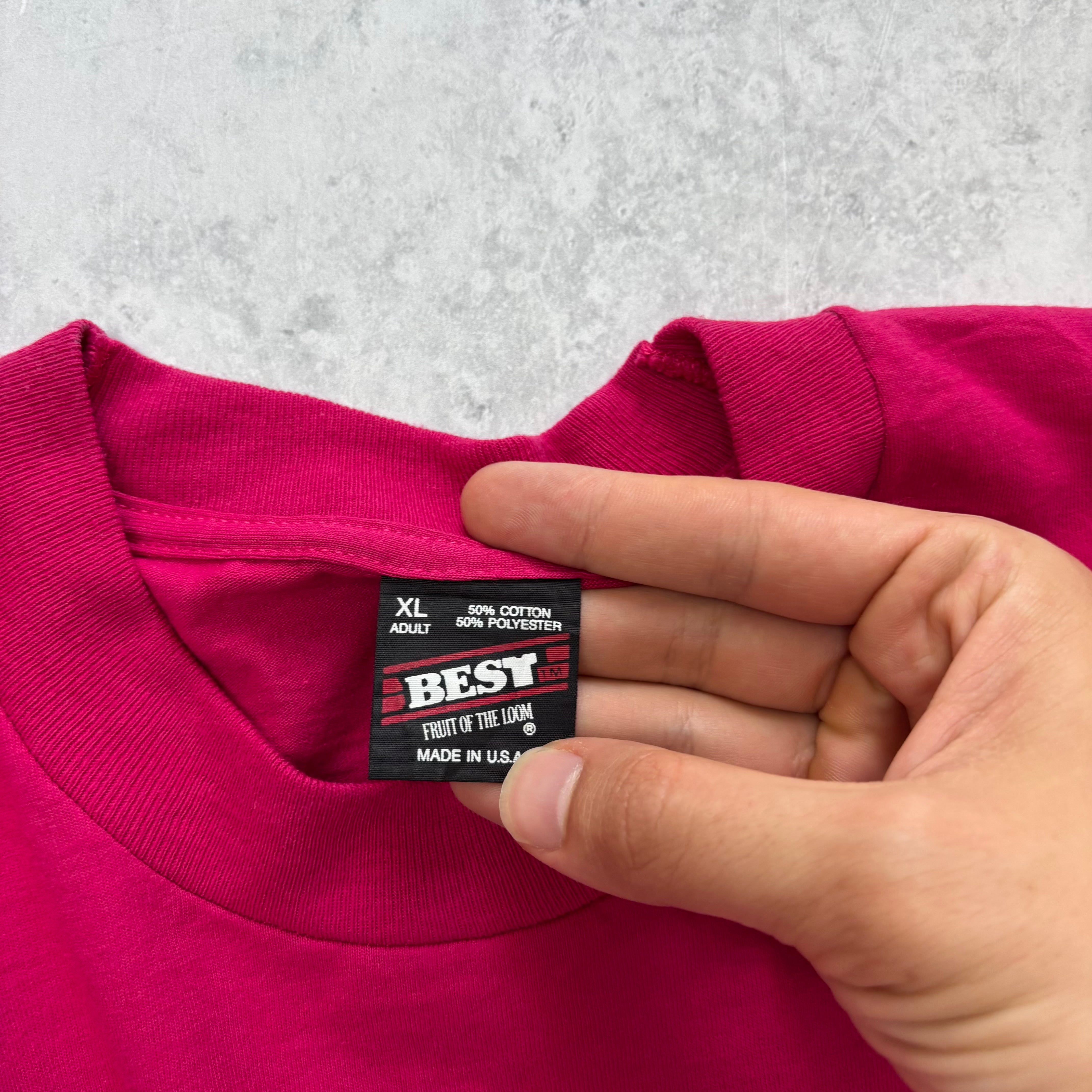 Vintage T Shirt Mens Large Pink Single Stitch Graphic Print 90s Radio Funny (E)