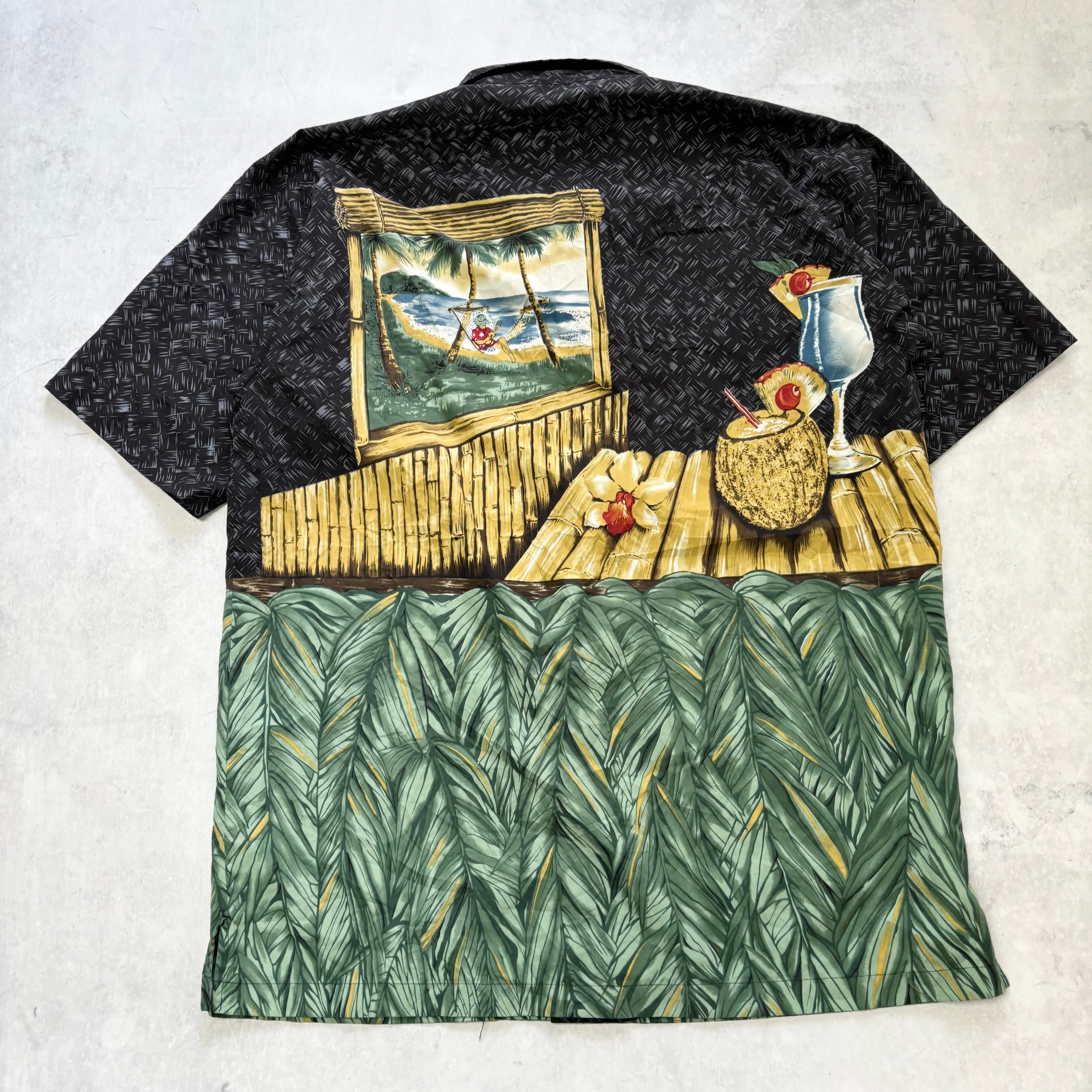 Vintage Hawaiian Shirt Mens Medium Black Floral Aloha Short Sleeve Polyester (E)