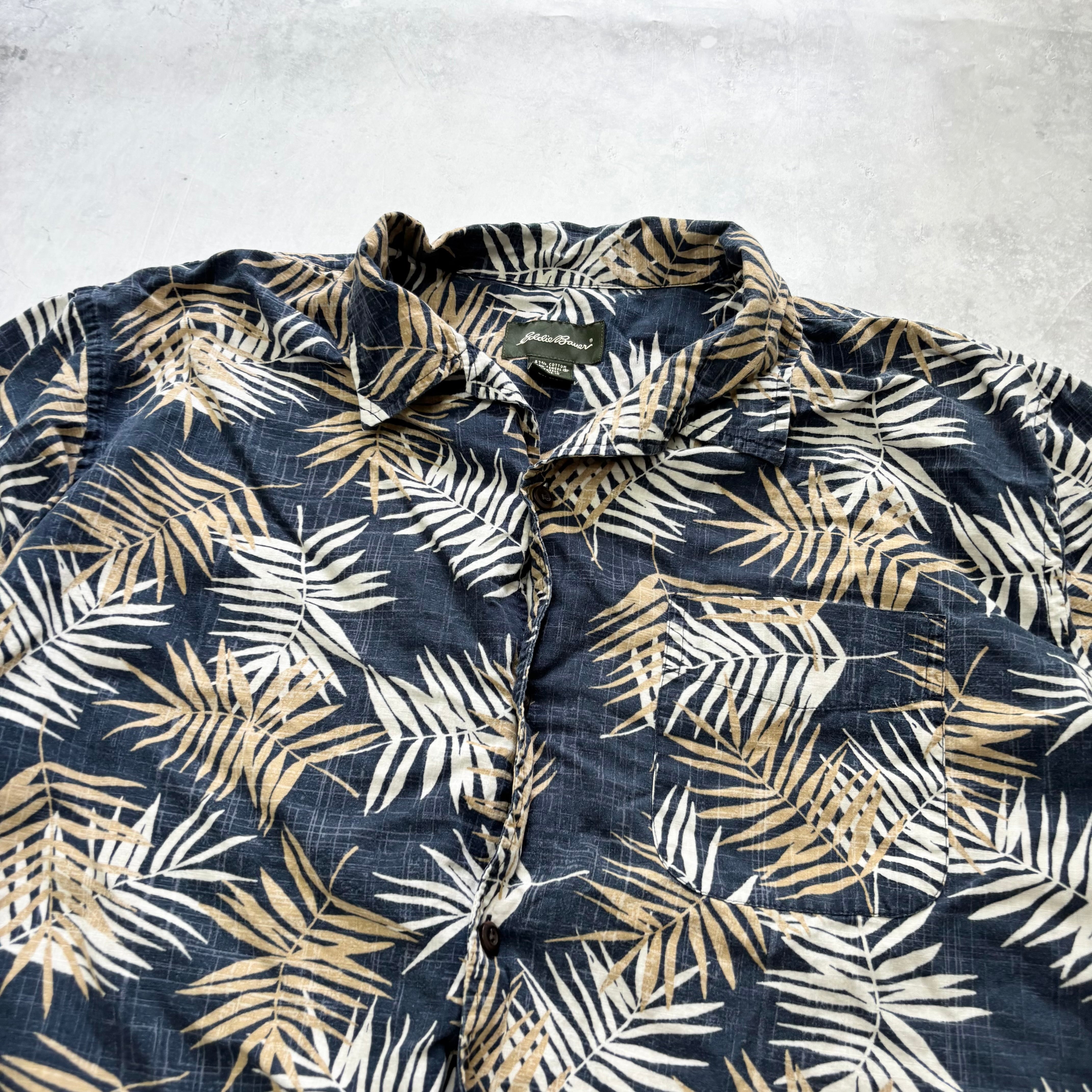 Eddie Bauer Hawaiian Shirt Mens XL Blue Floral Aloha Short Sleeve Cotton (E)