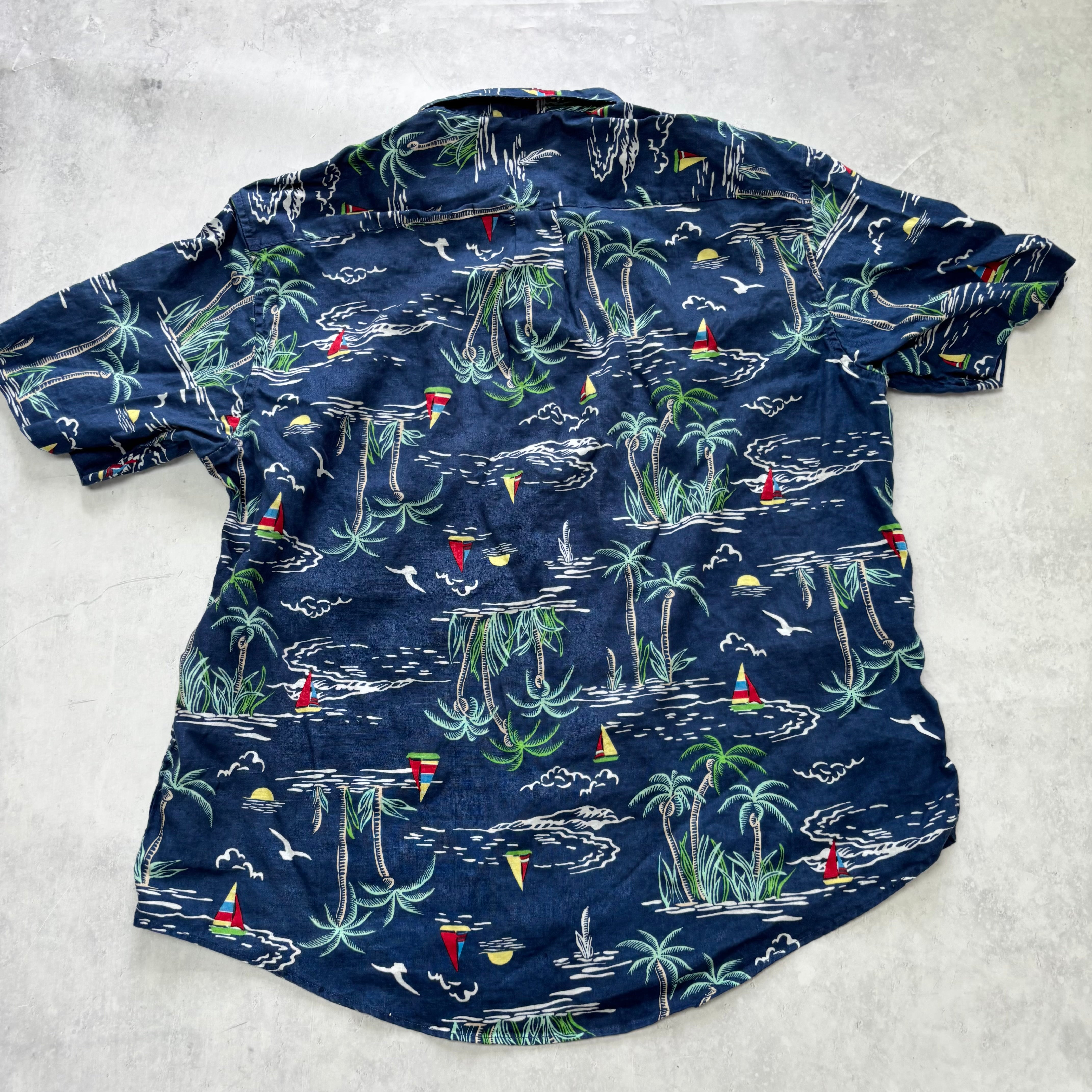 Hawaiian Shirt Mens XL Blue Floral Aloha Short Sleeve Linen (E)