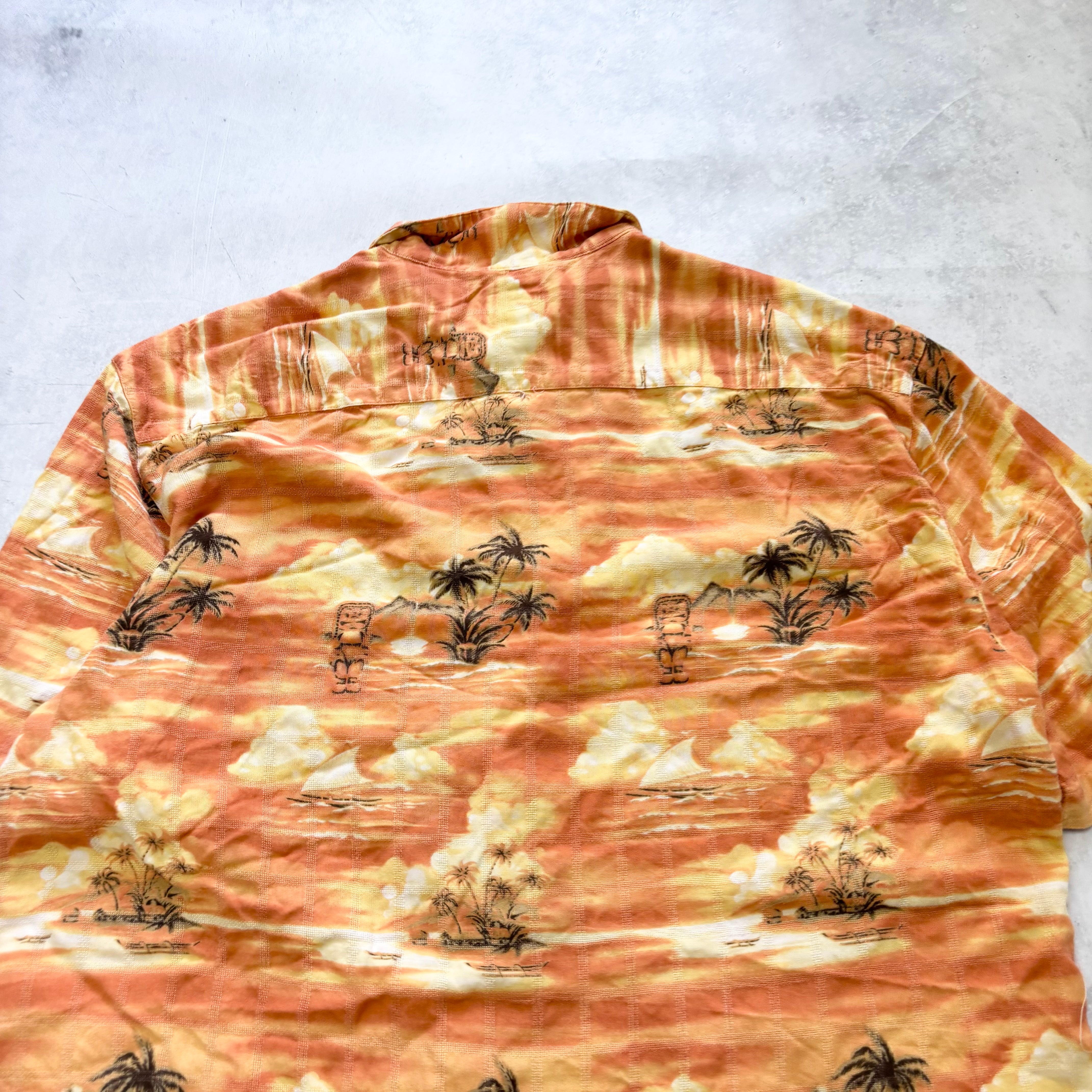 Hawaiian Shirt Mens XL Orange Floral Aloha Short Sleeve Rayon Funky (E)