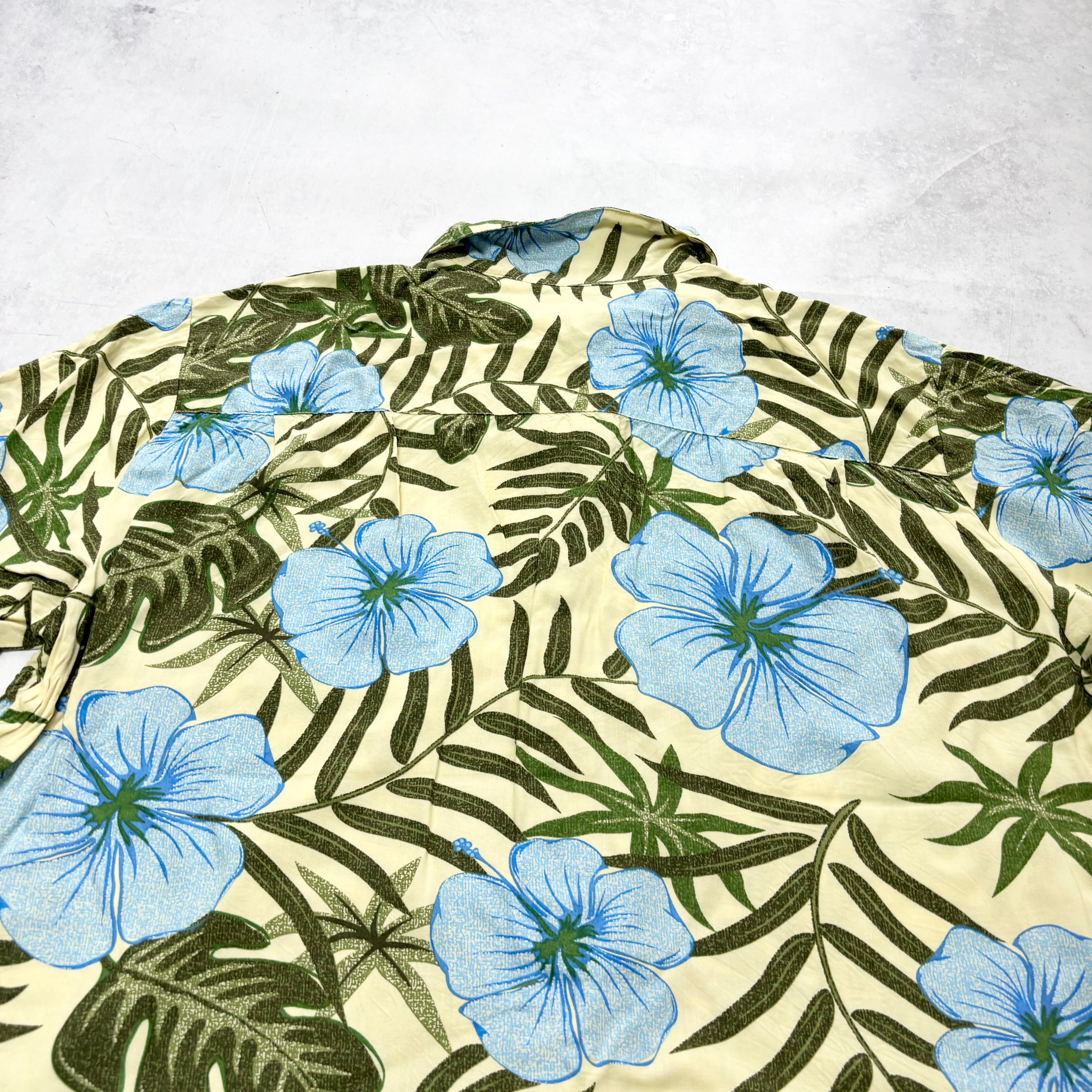 Vintage Hawaiian Shirt Mens XXL Blue Yellow Floral Aloha Short Sleeve Rayon (E)