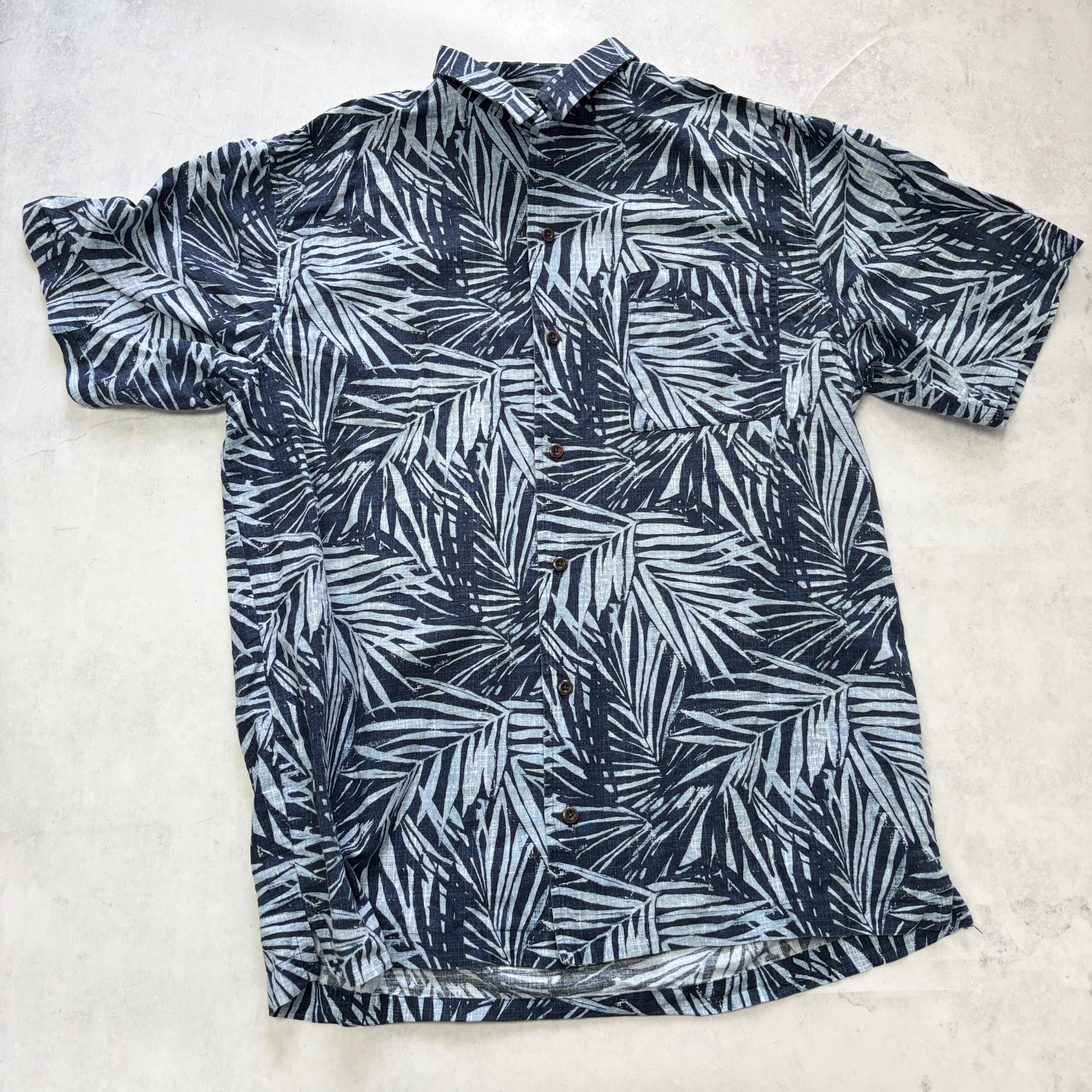 Eddie Bauer Hawaiian Shirt Mens Medium Tall Blue Floral Aloha Linen Vintage (E)