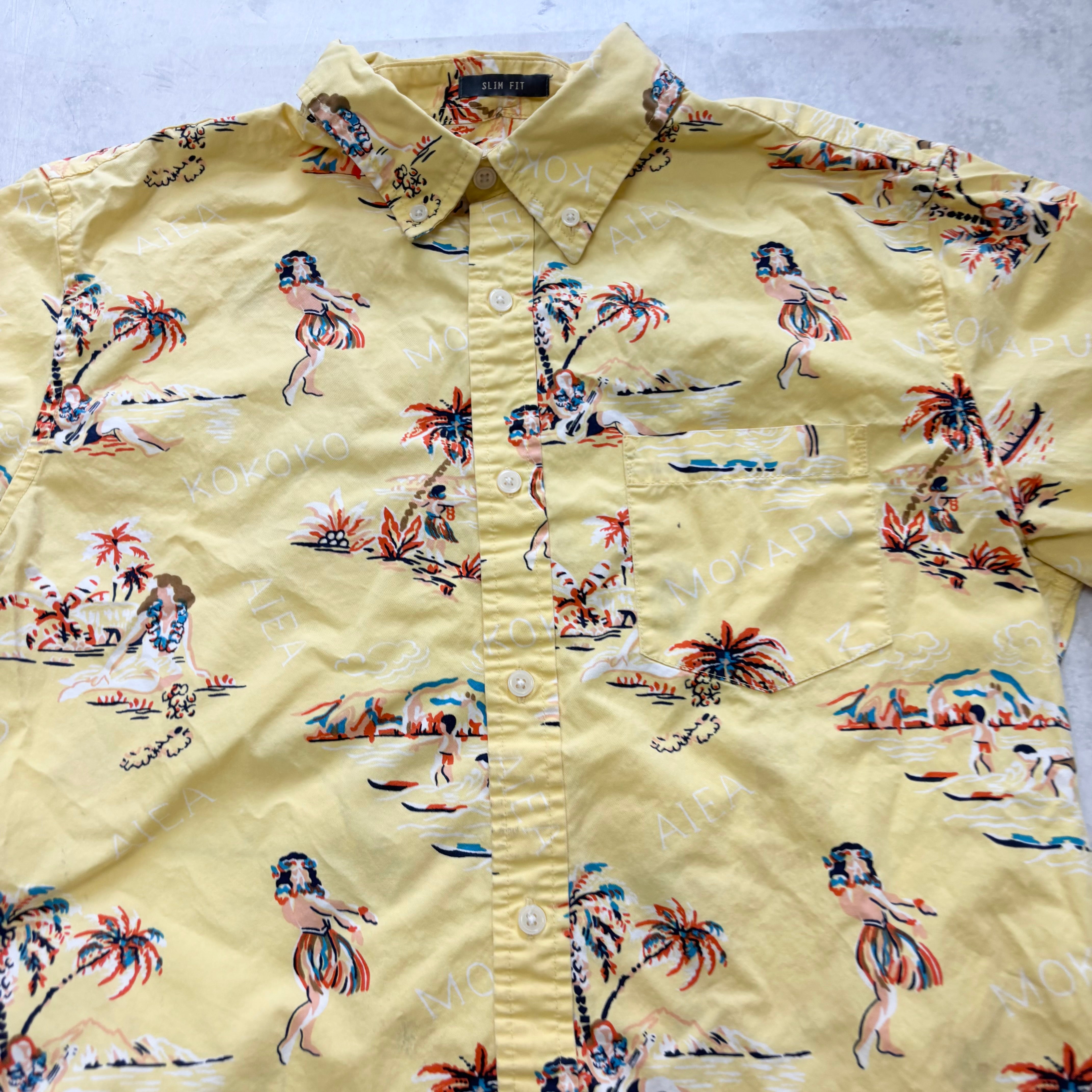 Hawaiian Shirt Mens Medium Yellow Aloha Short Sleeve Cotton Slim Fit
