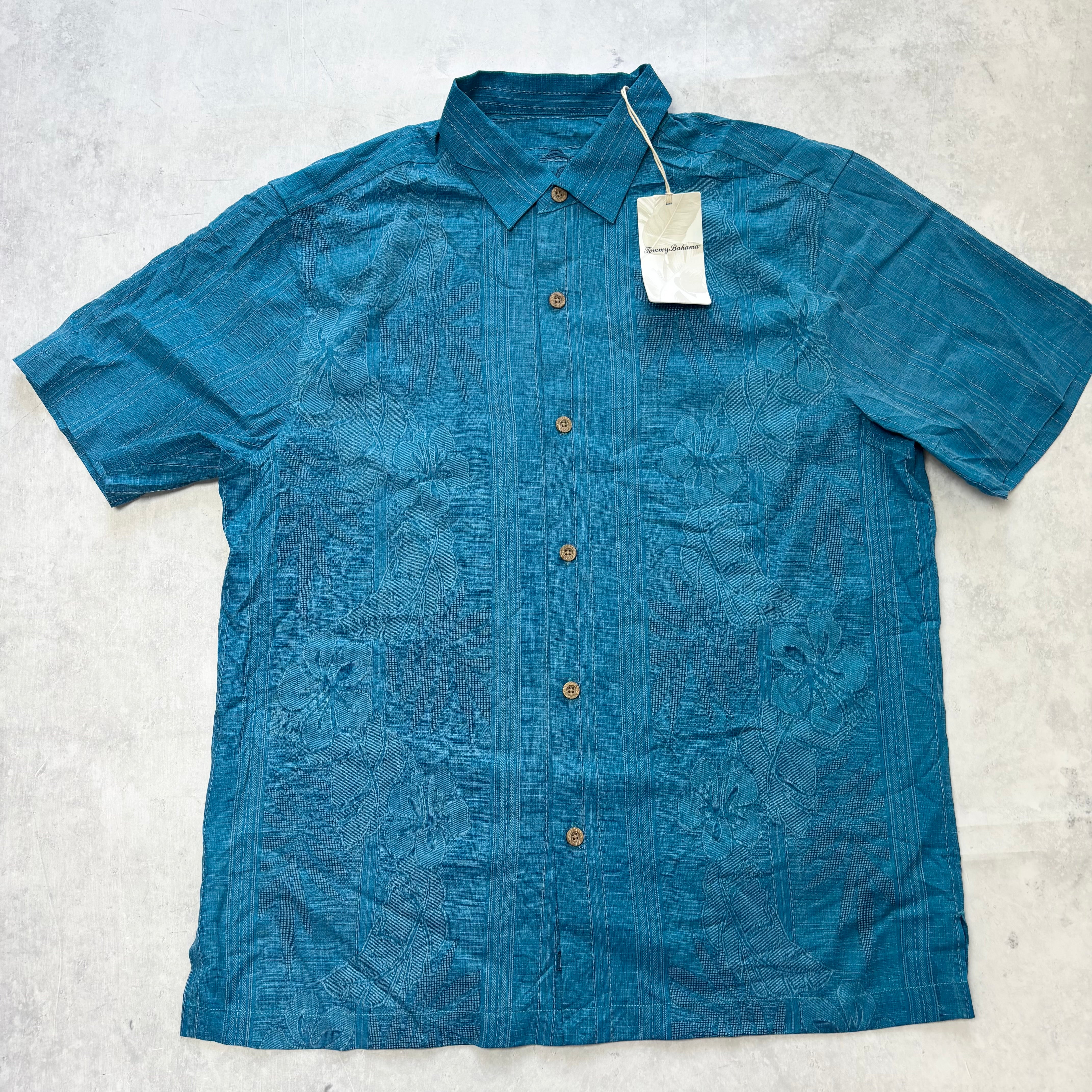 Tommy Bahama Hawaiian Shirt Mens Large Blue Silk Floral Aloha Short Sleeve (E)