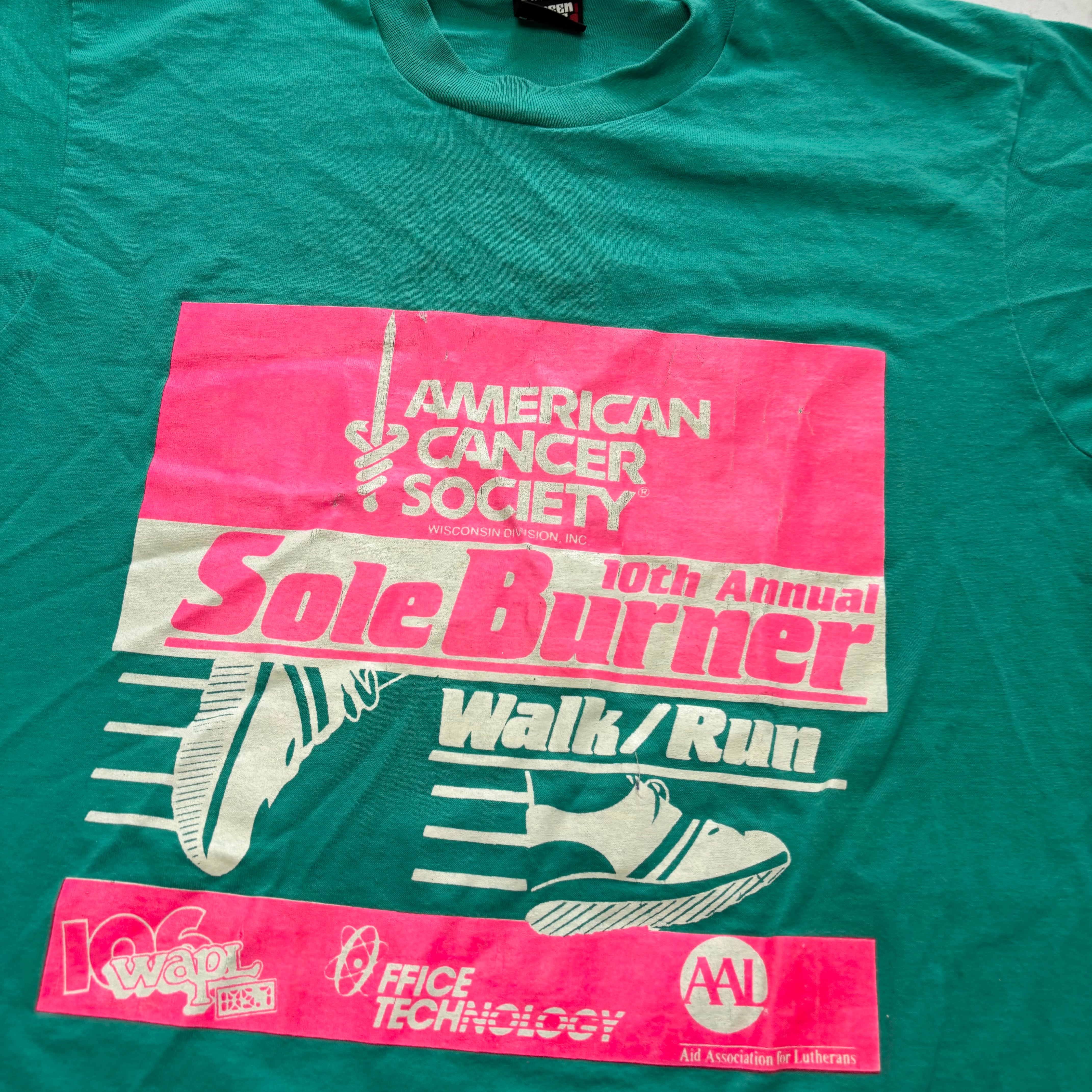 Vintage T Shirt Mens Medium Teal Green Single Stitch Graphic Print 90s Run (E)