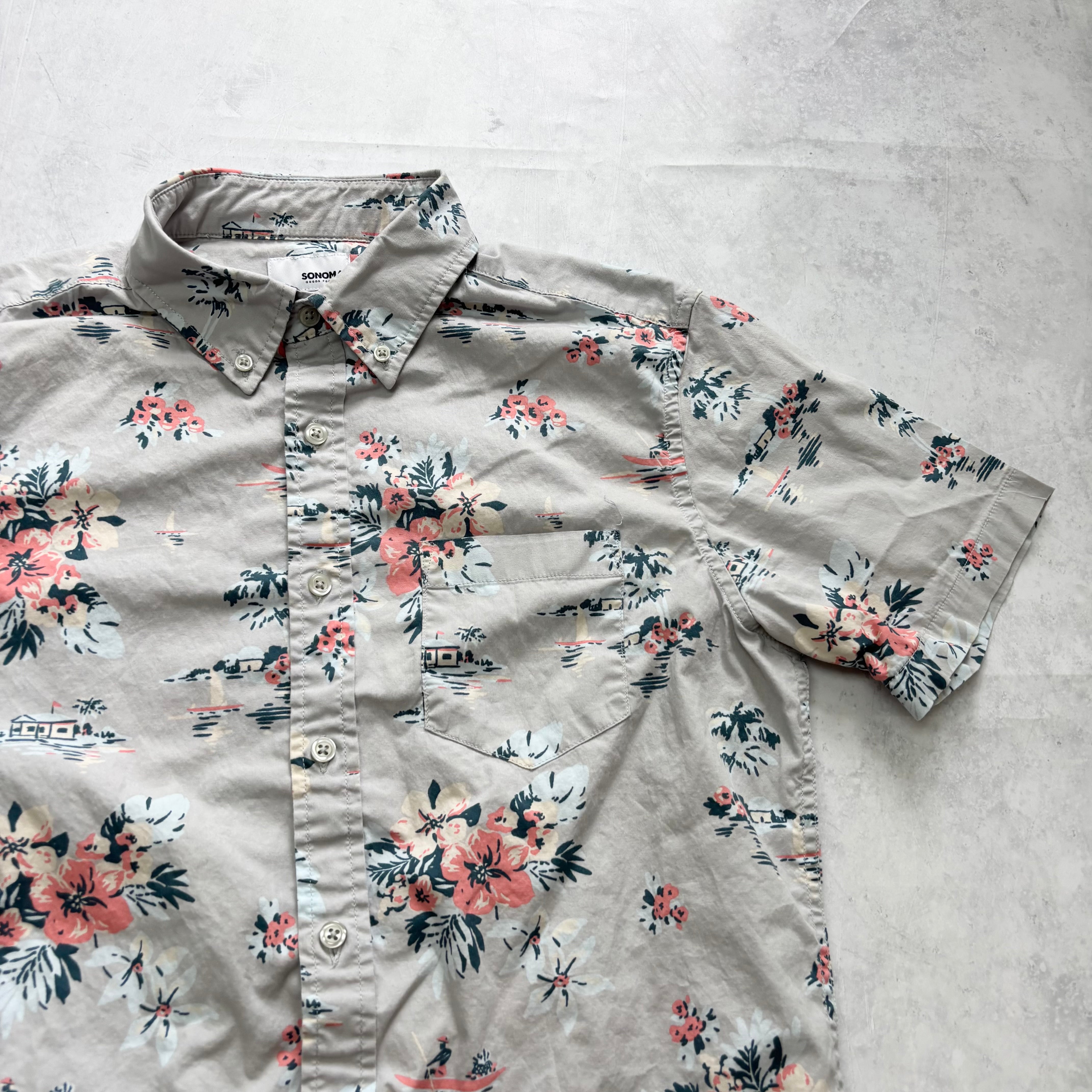 Sonoma Hawaiian Shirt Mens Small Grey Floral Aloha Short Sleeve Cotton (E)