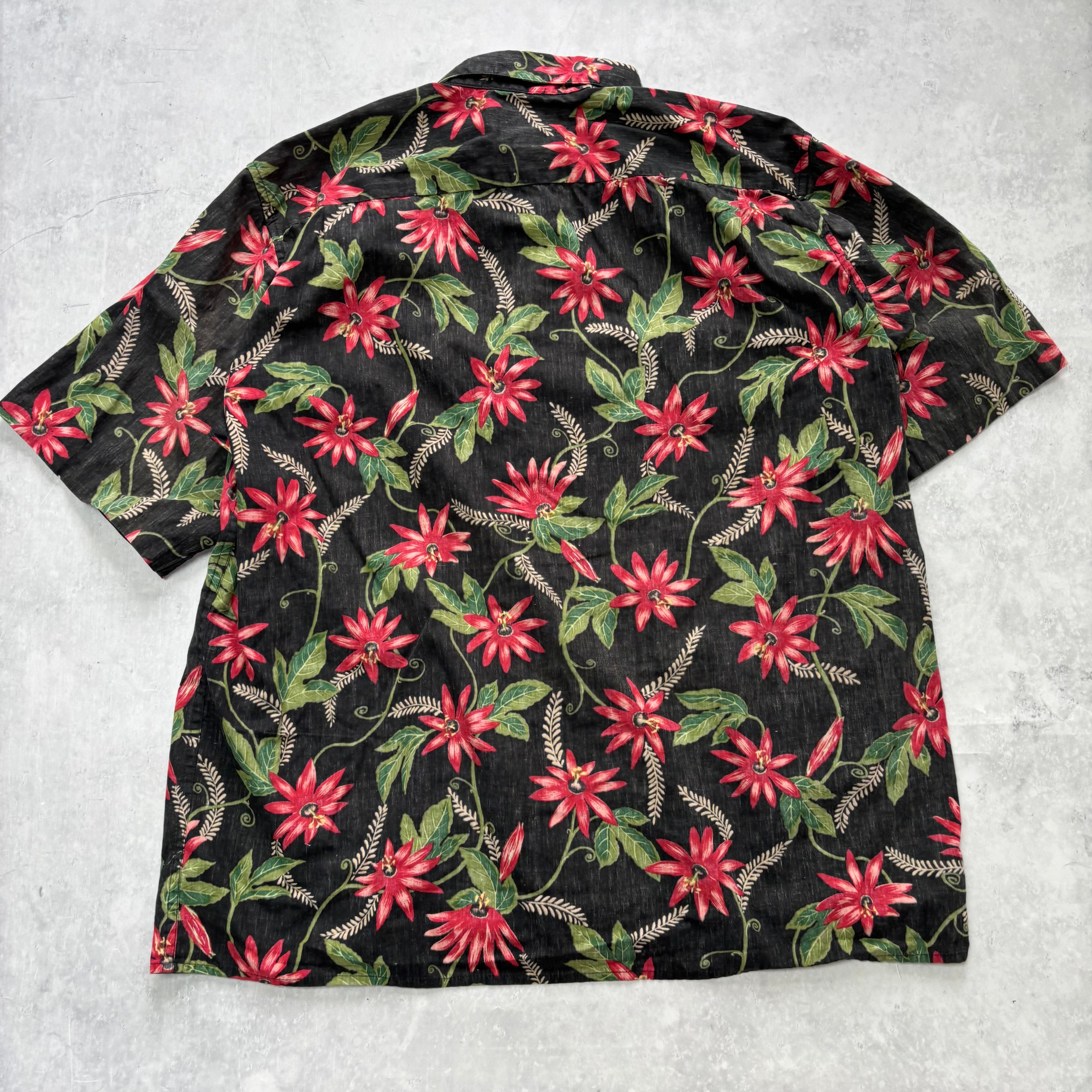 Vintage Hawaiian Shirt Mens Large Black Cotton Aloha Floral Reyn Spooner (E)